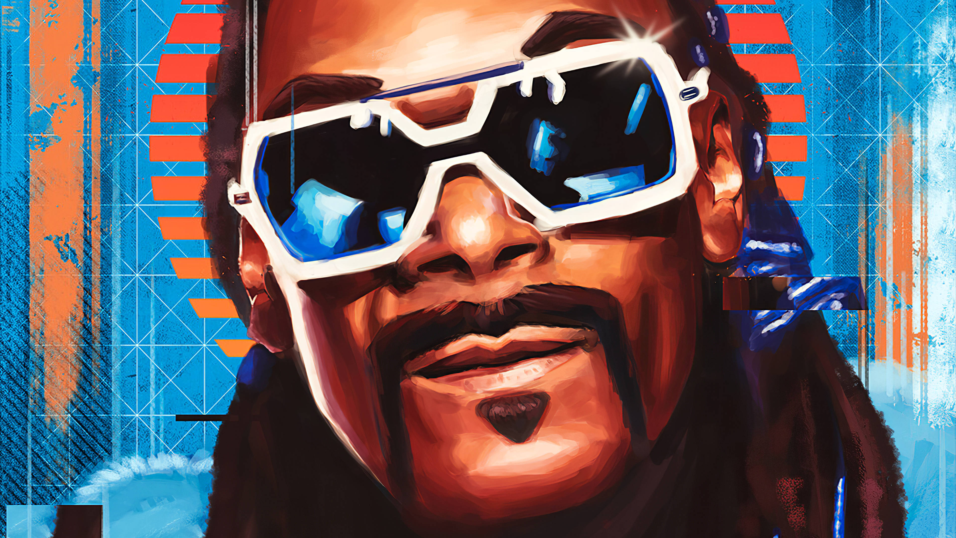 Snoop 桌布 壁紙 — 一個風格化的數位肖像，描繪一位留著山羊鬍子的男士，戴著超大的白色太陽眼鏡，背景是充滿活力的藍色和橙色幾何圖案。