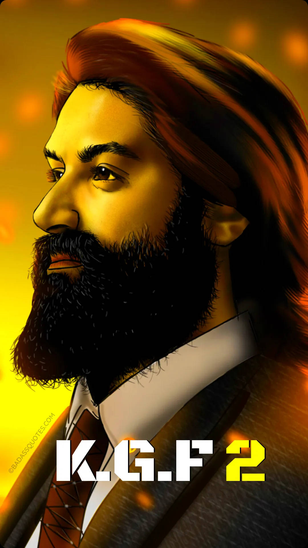 Indian 桌布 壁紙 — 一個風格化的數位肖像，描繪一位留鬍子的男士穿著西裝，背景是發光的金色，帶有 'K.G.F 2' 文字。