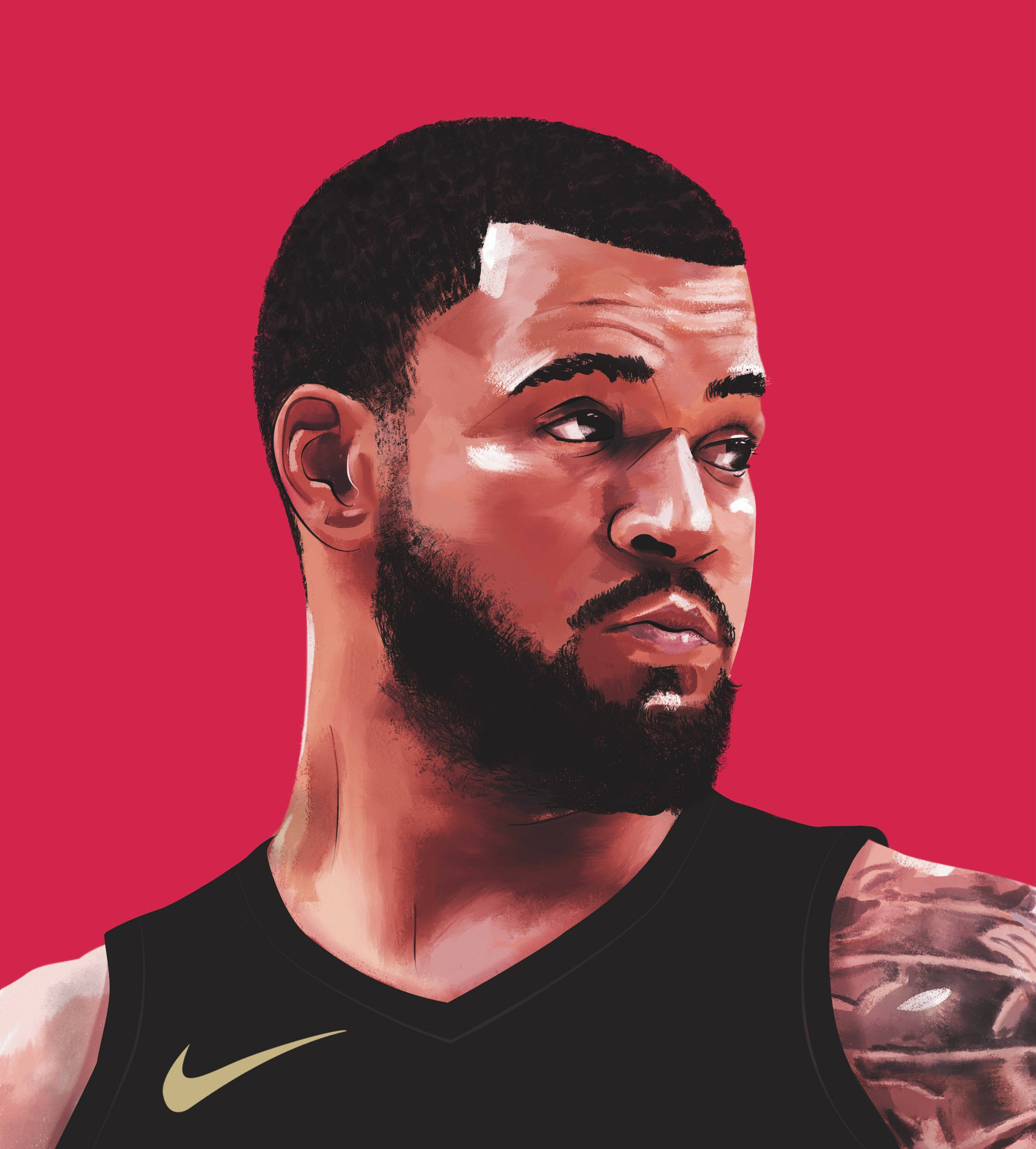 Fred Vanvleet 桌布 壁紙 — 一個風格化的數位肖像，描繪一位留鬍子的籃球運動員穿著黑色球衣，背景為大膽的紅色。