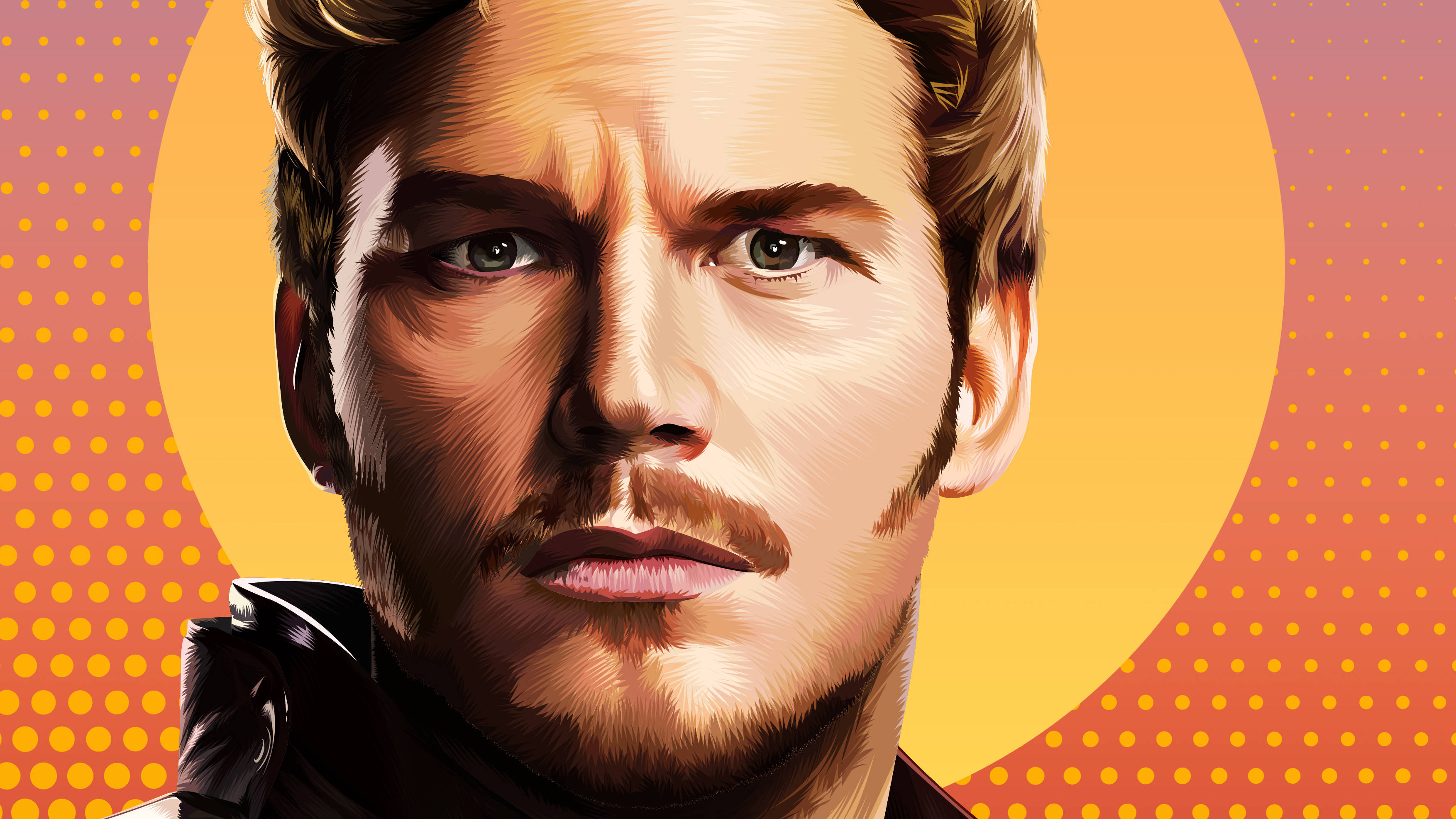 Chris Pratt 桌布 壁紙 — 一個風格化的數位肖像，描繪一位眼神銳利的男士，背景是帶有圓點圖案的鮮豔橙色圓形。