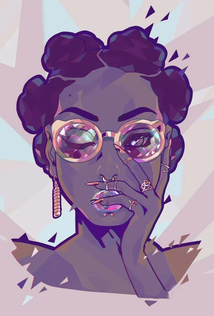 黑人女性 桌布 壁紙 — 一個風格化的數位肖像，描繪一位紫色頭髮、戴眼鏡的女性，在幾何背景前手持香煙。