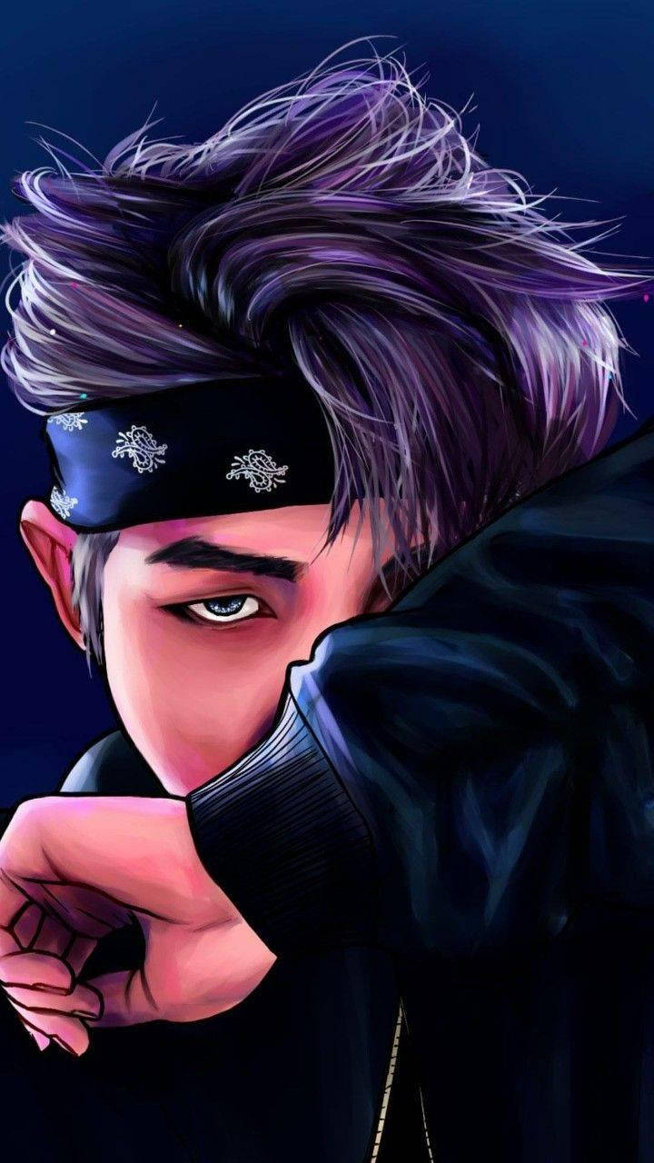 Namjoon 桌布 壁紙 — 一個風格化的數位肖像，描繪一位紫髮、戴黑色頭巾的年輕男子從袖子後面探出頭來。