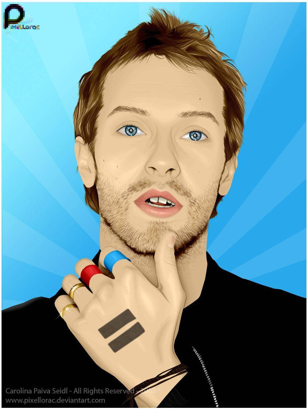 Chris Martin 桌布 壁紙 — 一個風格化的數位肖像，描繪一位藍眼鬍鬚男子，手托下巴，背景為鮮豔的藍色放射狀圖案。