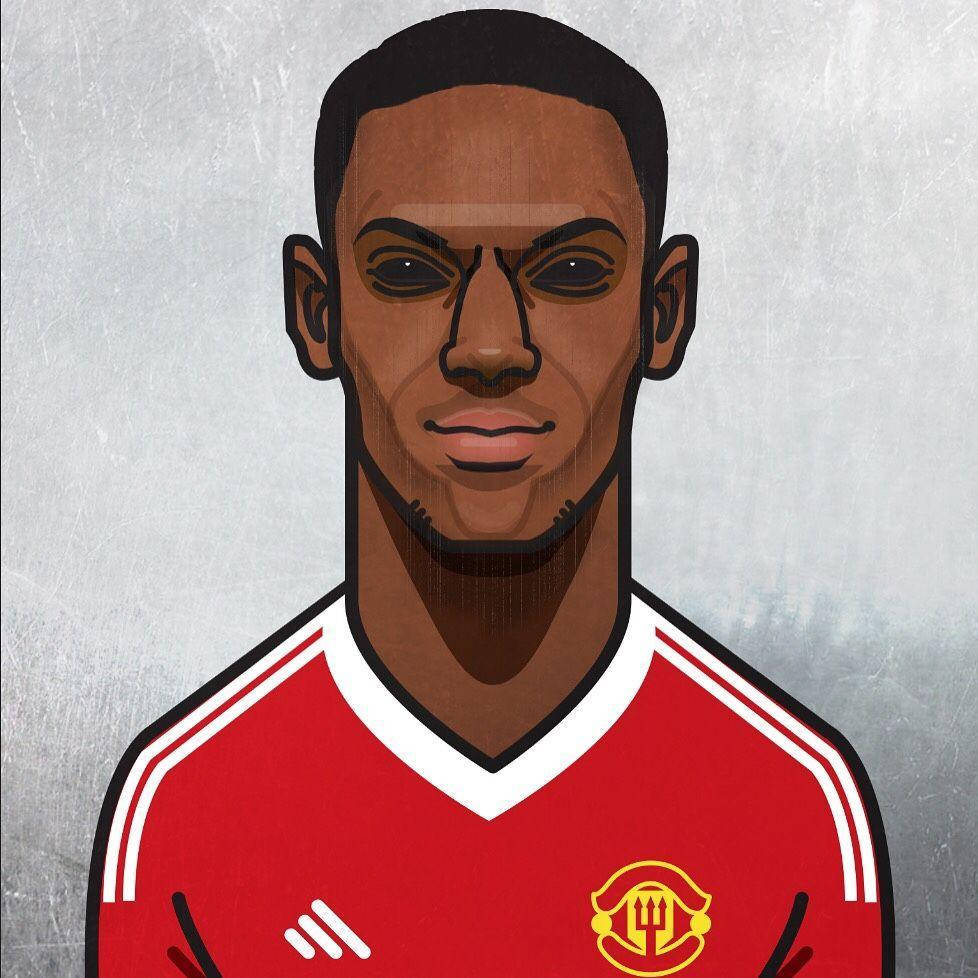 Anthony Martial 桌布 壁紙 — 一個風格化的數位肖像，描繪一位身穿紅色曼聯球衣的足球員，背景為紋理灰色。