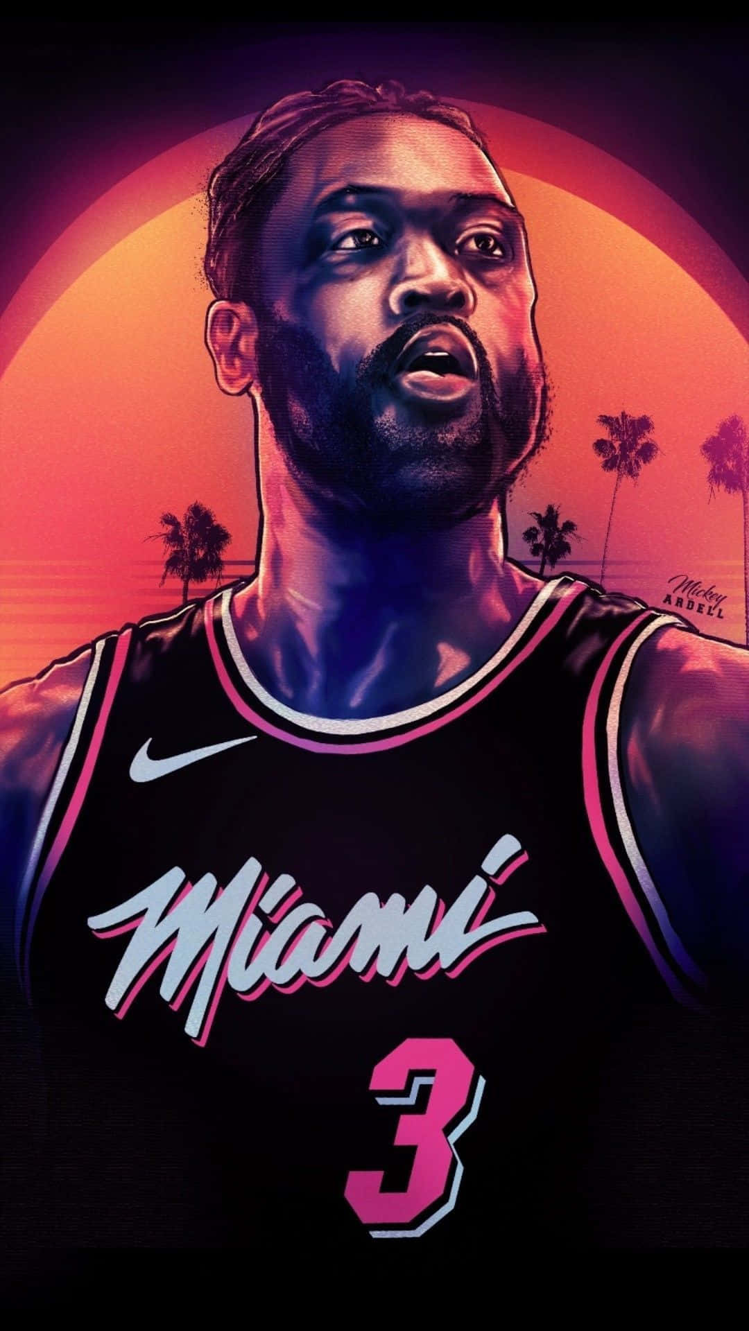 NBA 2k20 桌布 壁紙 — 一個風格化的數位肖像，描繪一位身穿邁阿密熱火球衣的籃球運動員，背景是充滿活力的日落和棕櫚樹。