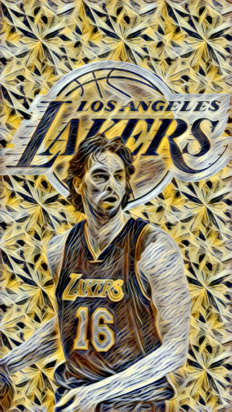 Pau Gasol 桌布 壁紙 — 一個風格化的數位肖像，描繪一位身穿湖人隊球衣的籃球運動員，背景是金色星爆圖案。