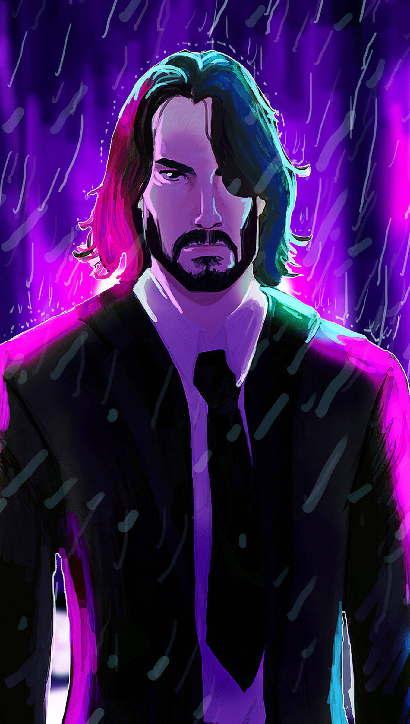 HD Art 桌布 壁紙 — 一個風格化的數位肖像，描繪一位身穿西裝、留長髮和鬍鬚的男子，背景是充滿活力的紫色和粉紅色霓虹雨。