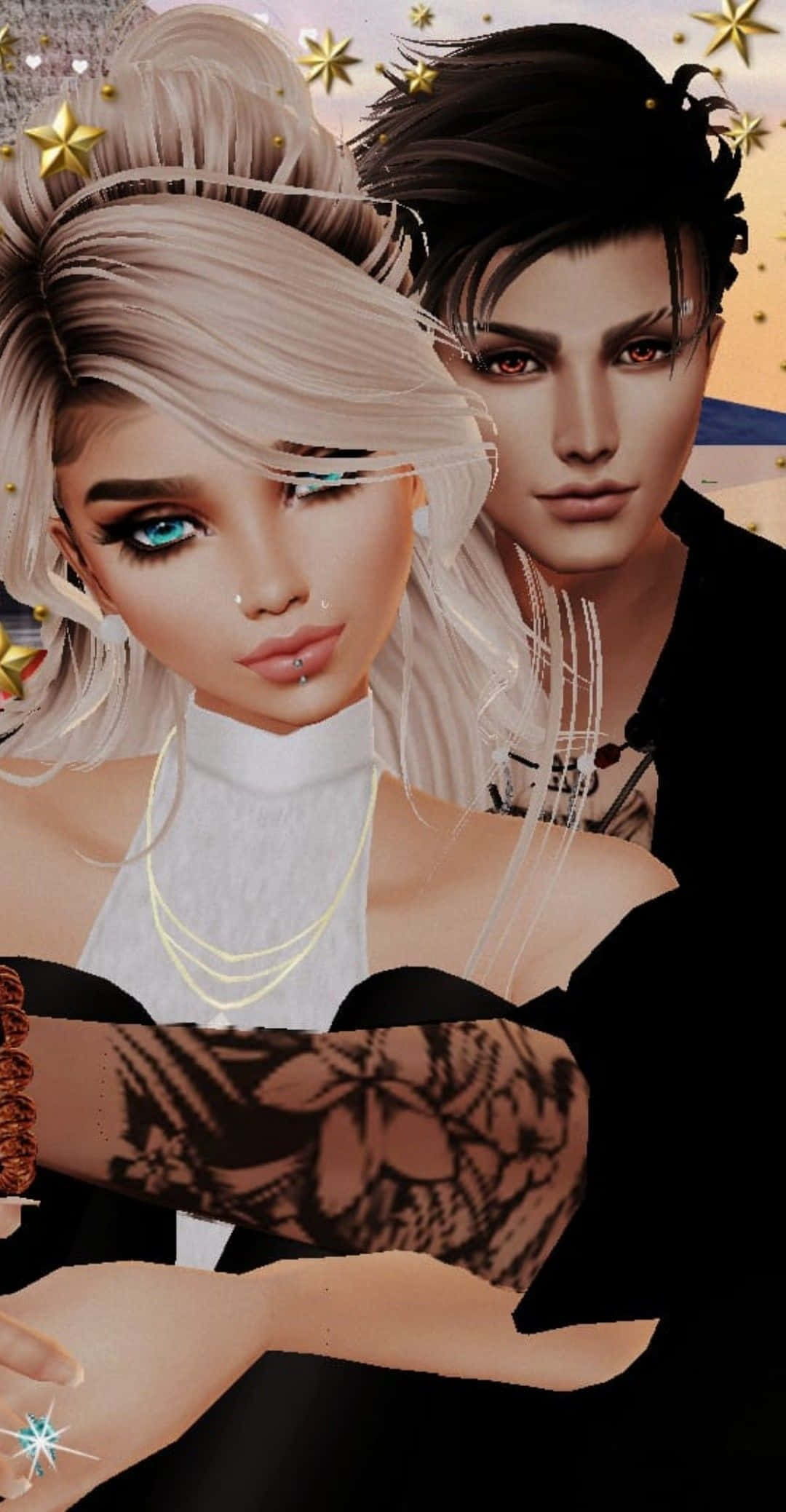 imvu 桌布 壁紙 — 一個風格化的數位肖像，描繪一位金髮藍眼、手臂有刺青的女性，旁邊是一位黑髮紅眼的男性，背景是星空。