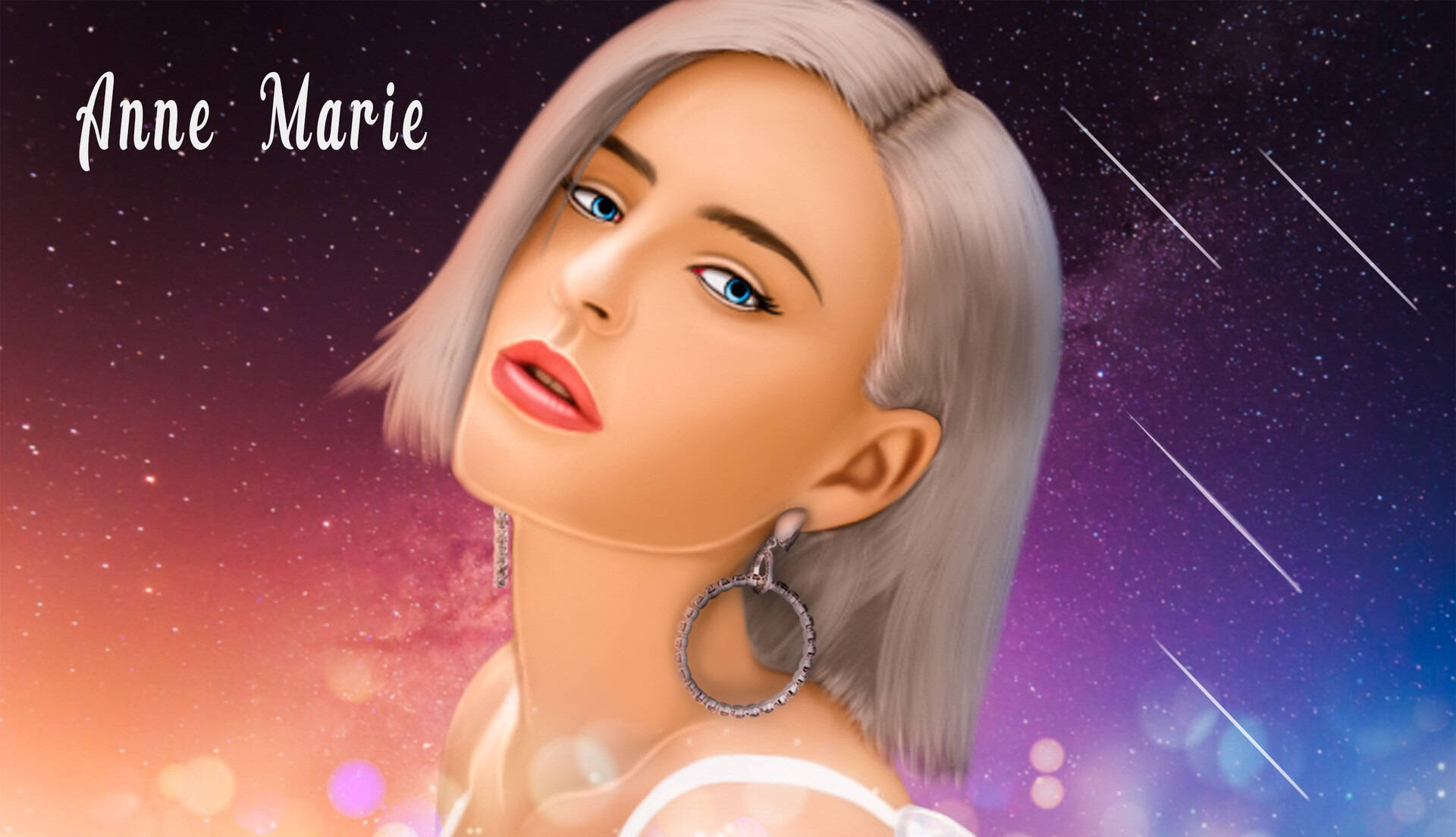 Anne Marie 桌布 壁紙 — 一個風格化的數位肖像，描繪一位銀髮藍眼的女性，背景是帶有流星和發光散景的宇宙天空。
