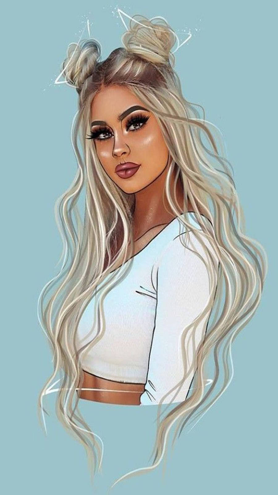 Cool Girl Cartoon 桌布 壁紙 — 一個風格化的數位肖像，描繪一位長金髮雙丸子頭、身穿白色短上衣的女性，背景為柔和藍色。