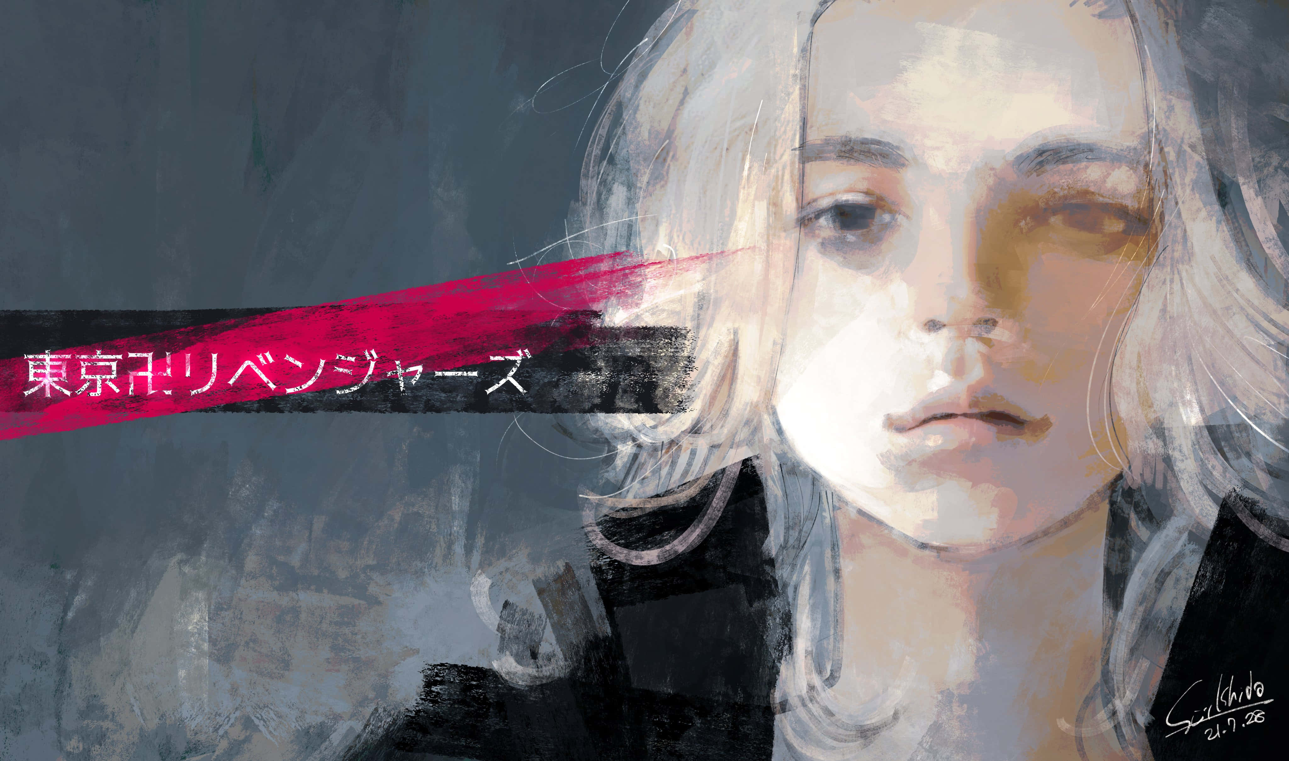 Sui Ishida 桌布 壁紙 — 一個風格化的數位肖像，描繪一位頭髮蒼白、表情陰鬱的人物，背景為深色紋理，帶有醒目的紅色條紋和日文字句。