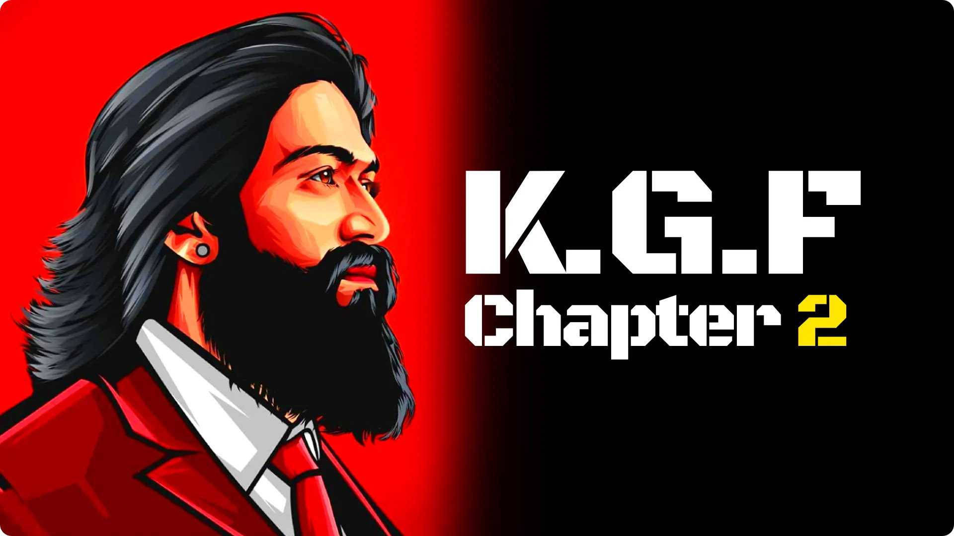 Kgf 2 桌布 壁紙 — 一個風格化的數位肖像，描繪一位鬍鬚男子穿著紅色西裝，背景為紅黑分割，並有粗體白色文字寫著K.G.F Chapter 2。