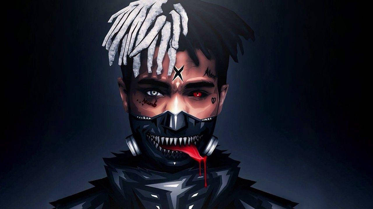 xxxtentacion 動畫 桌布 壁紙 — 一個風格化的數位肖像，描繪一個人物，擁有白色辮子、一隻紅眼睛和一個滴血的黑色面具。
