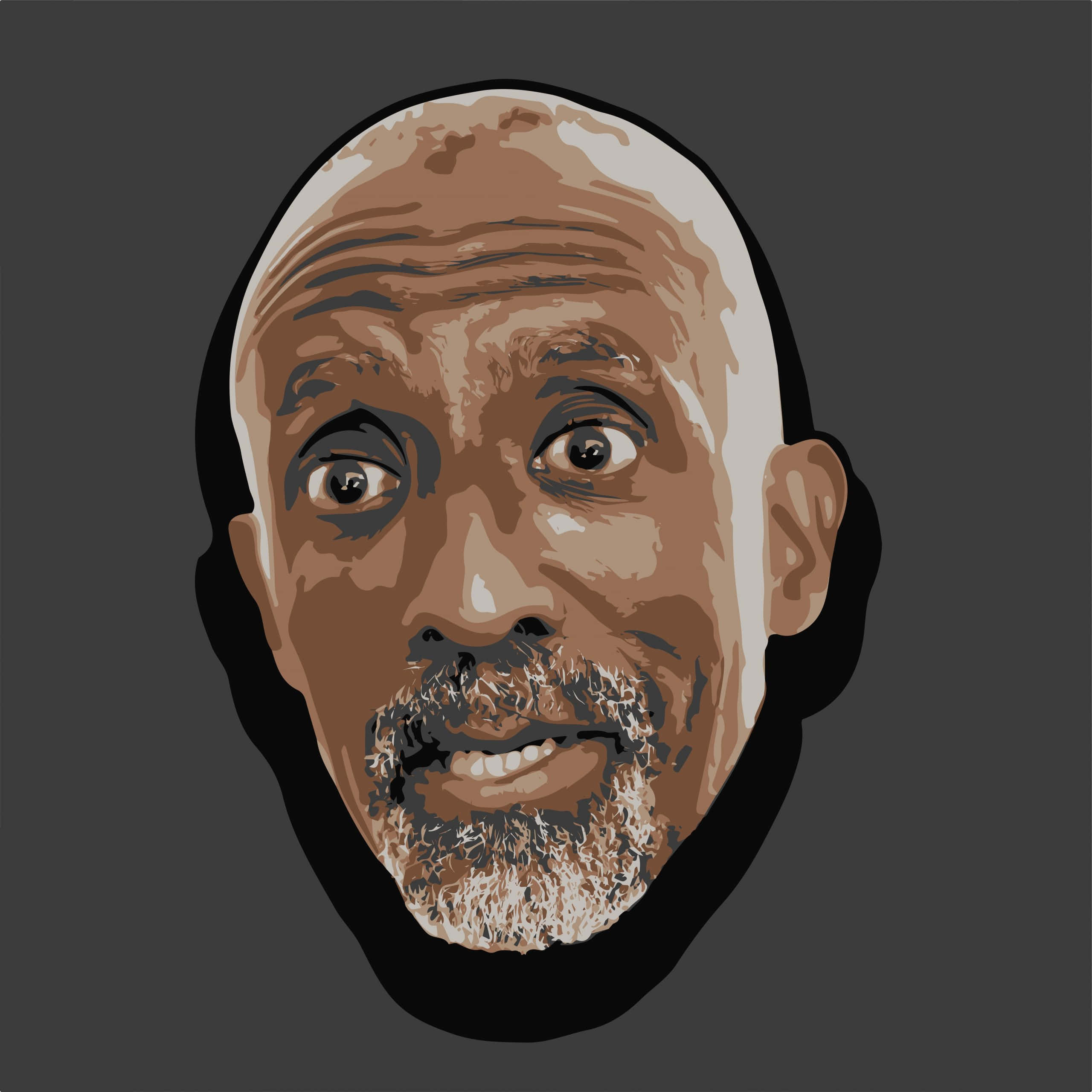 meme 桌布 壁紙 — 一個風格化的數位肖像，描繪一個光頭男子，表情驚訝，鬍鬚有紋理，背景為深灰色。
