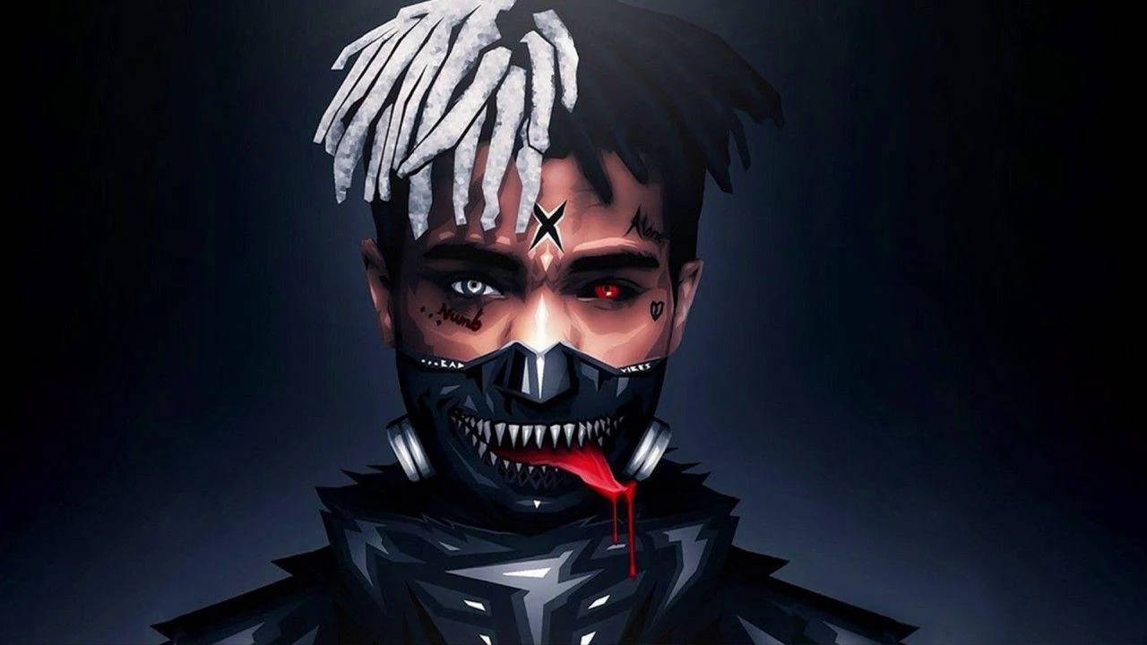 酷酷的xxxtentacion 桌布 壁紙 — 一個風格化的數位肖像，描繪一個帶有辮子、發光眼睛和滴著紅色液體面具的威脅性人物，背景為黑色。