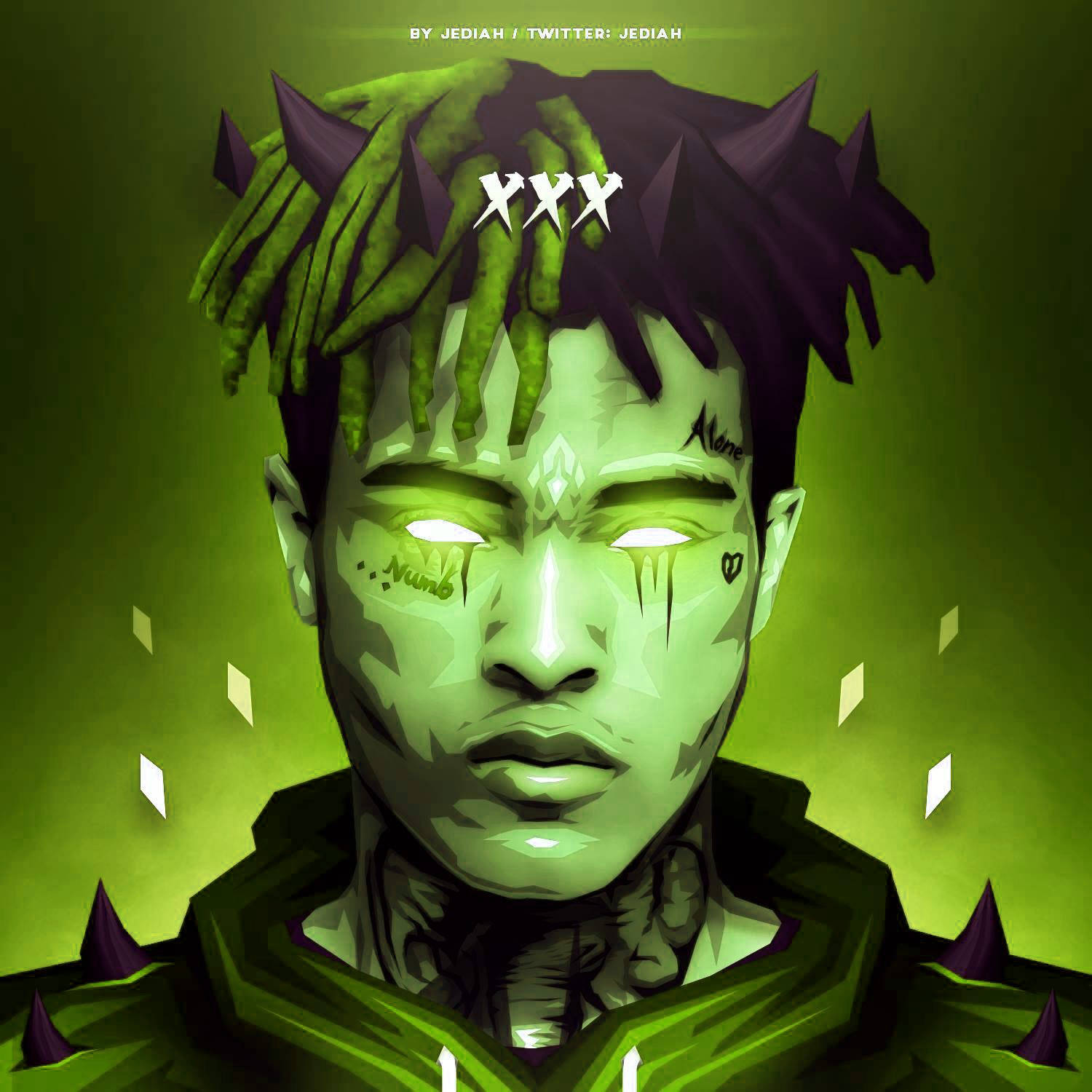 酷酷的xxxtentacion 桌布 壁紙 — 一個風格化的數位肖像，描繪一個擁有發光綠色皮膚、辮子頭和尖銳幾何尖刺的人，背景是充滿活力的綠色。