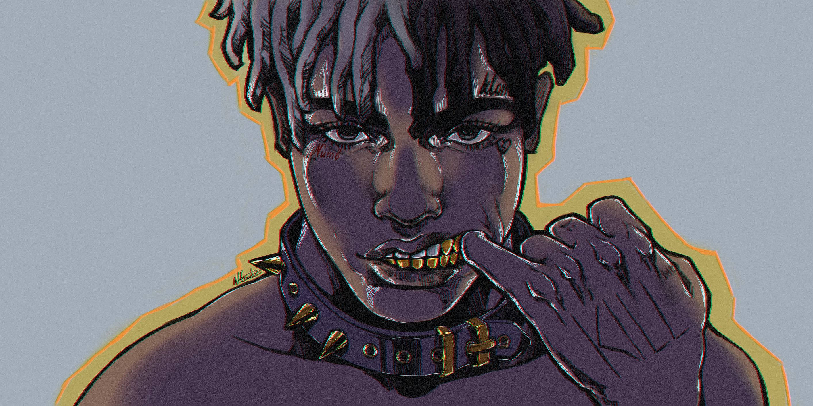 xx 桌布 壁紙 — 一個風格化的數位肖像，描繪一個深色皮膚、戴著金色牙套的人咬著手指，並戴著尖刺項圈。