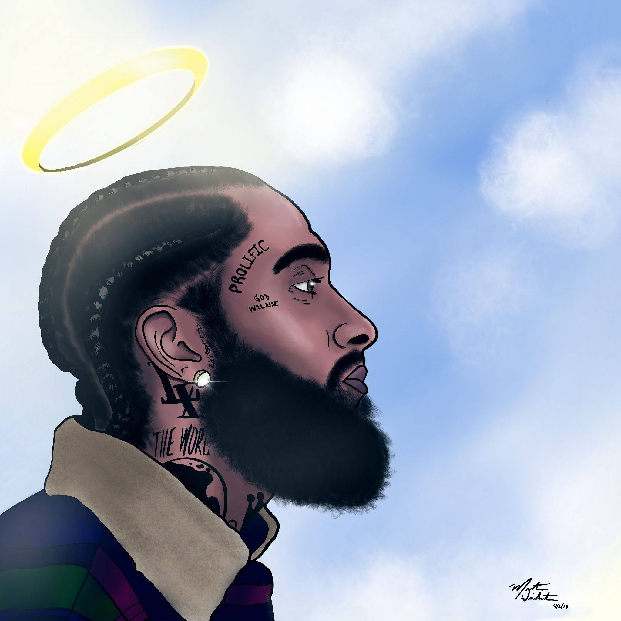 Nipsey Hussle 桌布 壁紙 — 一個風格化的數位肖像，描繪一個留鬍子的男人，帶有光環和刺青，背景是陰天。