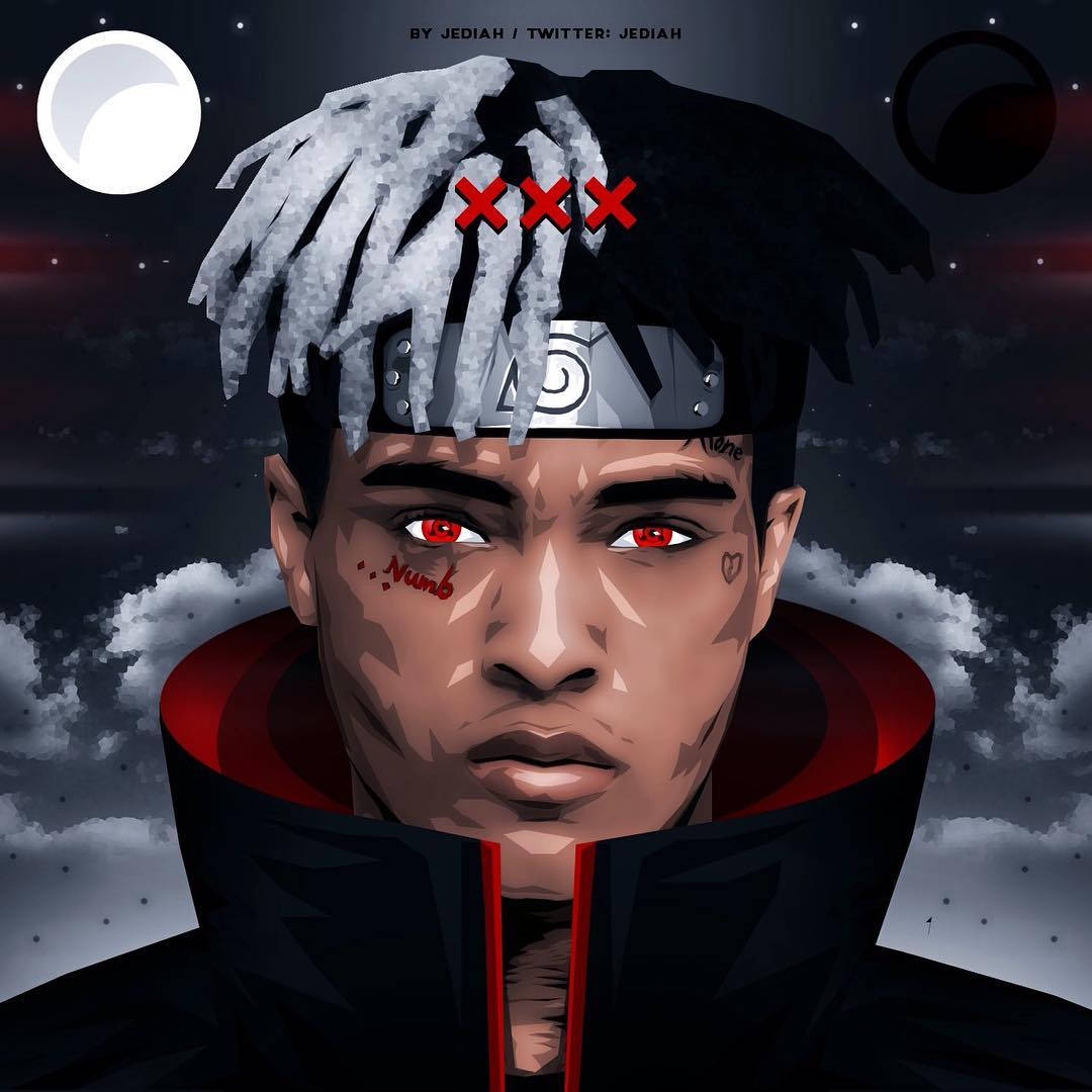 XXXTENTACION 桌布 壁紙 — 一個風格化的數位肖像，描繪一個紅眼白辮子的男人，背景是星空、月亮和雲朵的夜空。