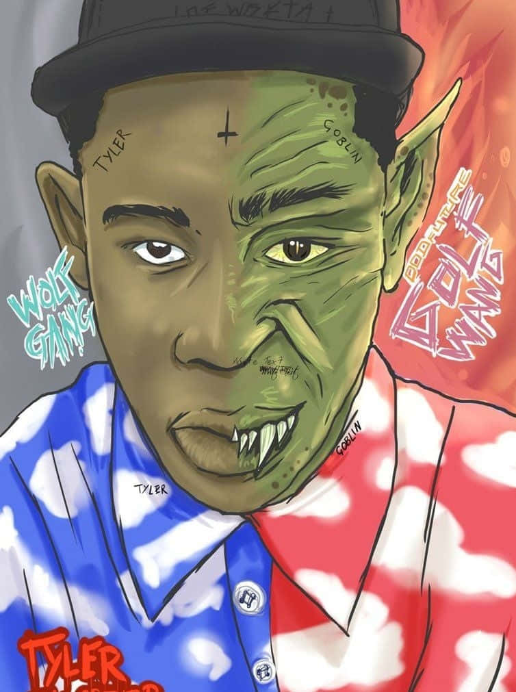 Creator 桌布 壁紙 — 一個風格化的數位肖像，描繪一名具有半人半哥布林特徵、戴著帽子和愛國襯衫的男子。