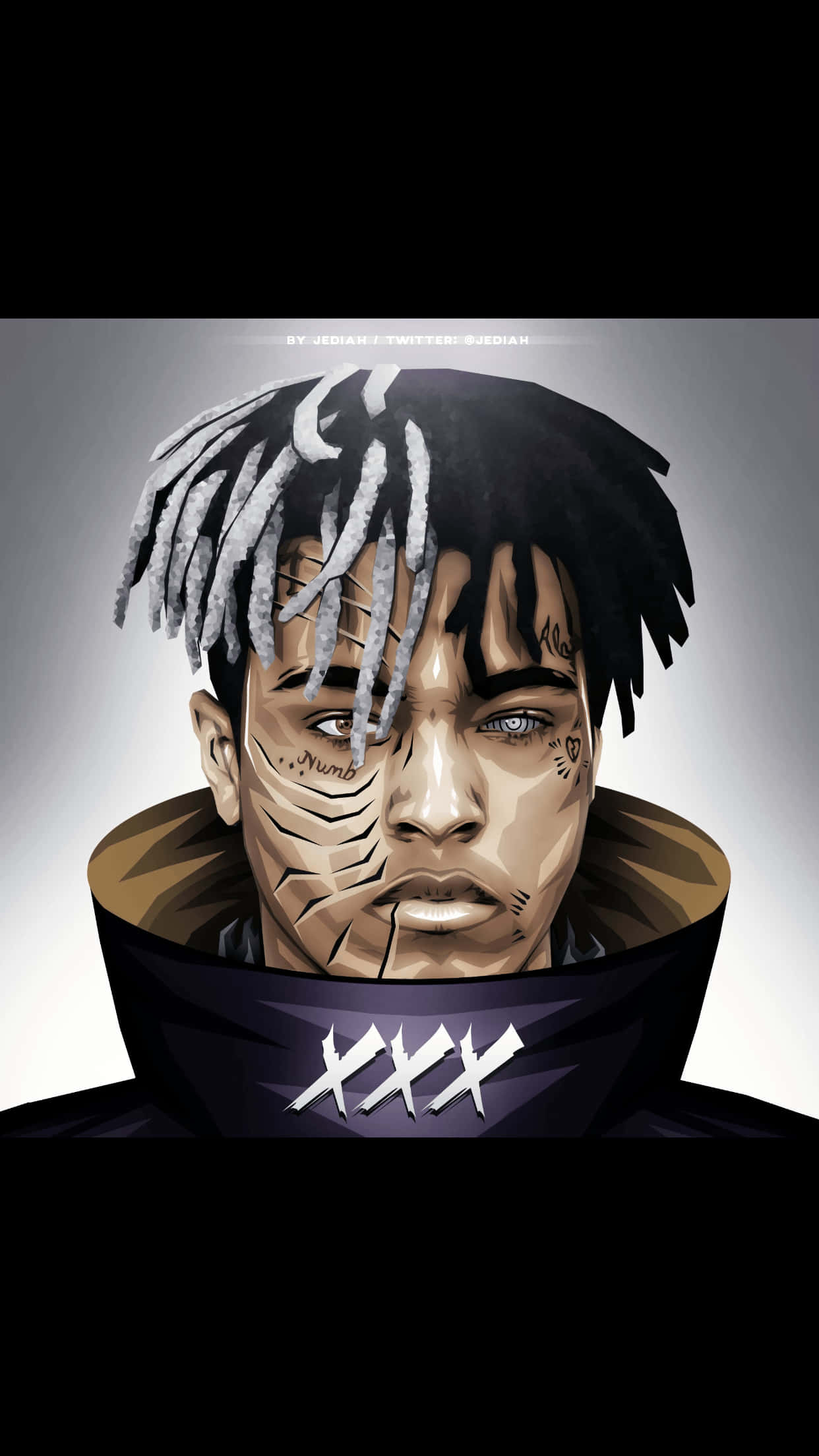 Xxxtentacion Aesthetic 桌布 壁紙 — 一個風格化的數位肖像，描繪一名帶有辮子頭和面部刺青的男子，穿著一件高領夾克，上面有'XXX'。