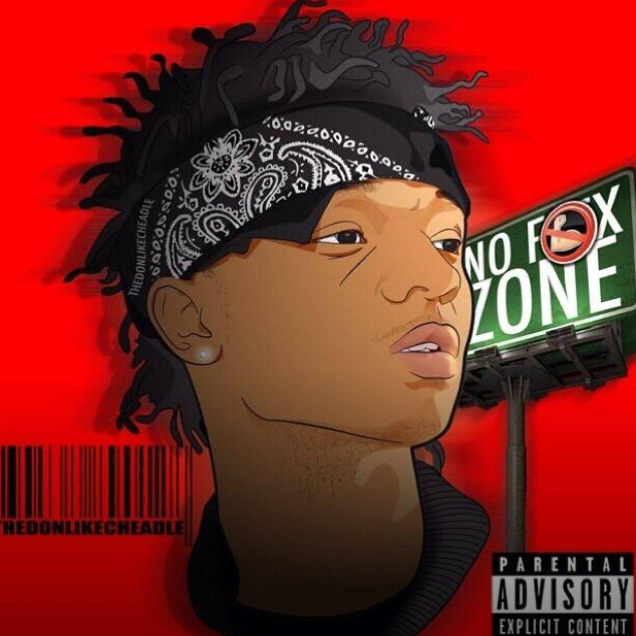 Swae Lee 桌布 壁紙 — 一個風格化的數位肖像，描繪一名戴著頭巾和條碼的年輕男子，背景為大膽的紅色，並帶有「No Fox Zone」標誌。