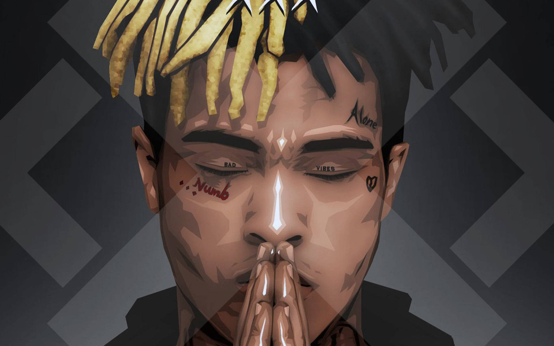 xxxtentacion 電腦 桌布 壁紙 — 一個風格化的數位肖像，描繪一名擁有金色辮子和面部刺青的男子，在幾何灰色背景前閉眼祈禱。