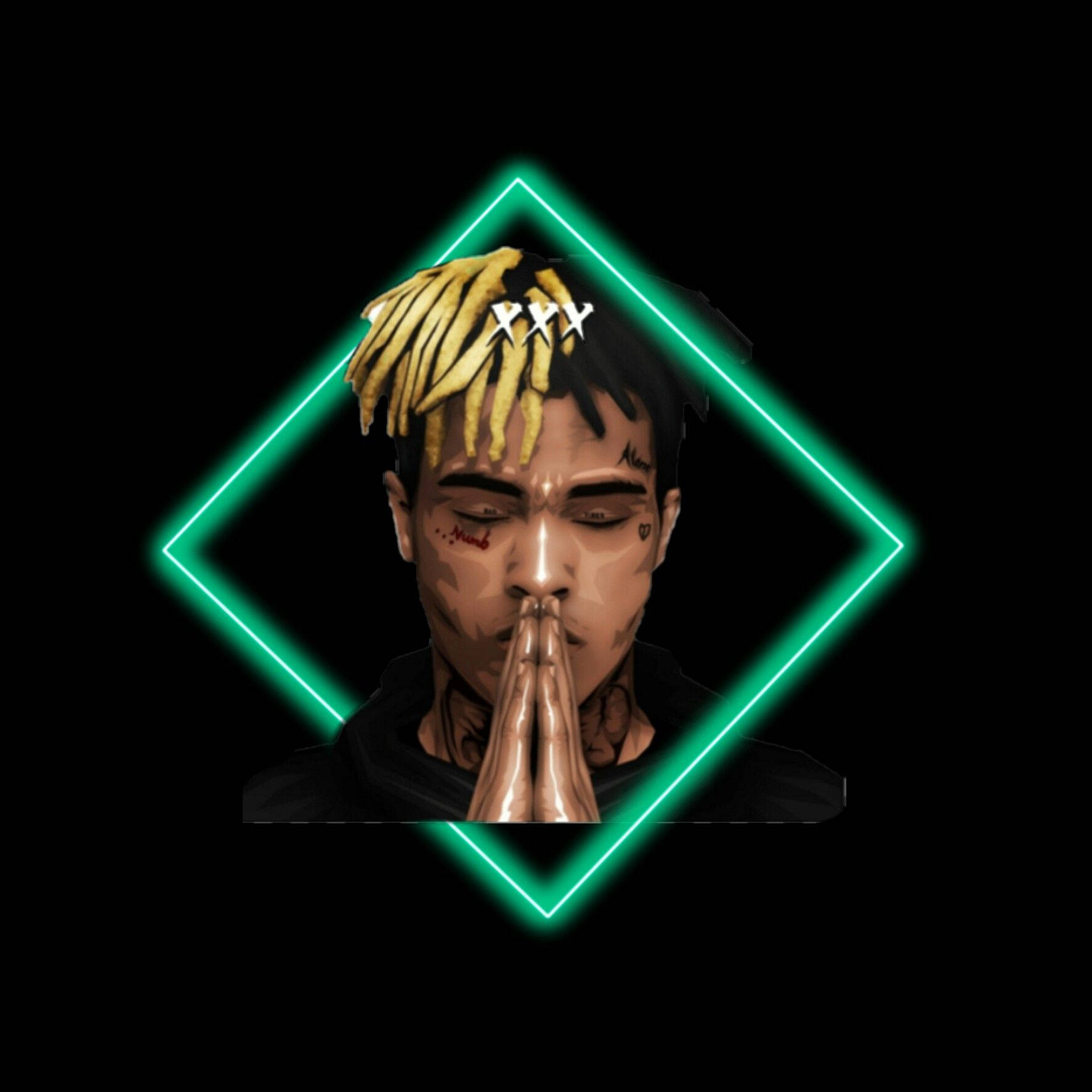 xxxtentacion 美學 桌布 壁紙 — 一個風格化的數位肖像，描繪一名擁有黃色辮子頭和刺青的男子，被發光的綠色鑽石框在黑色背景上。