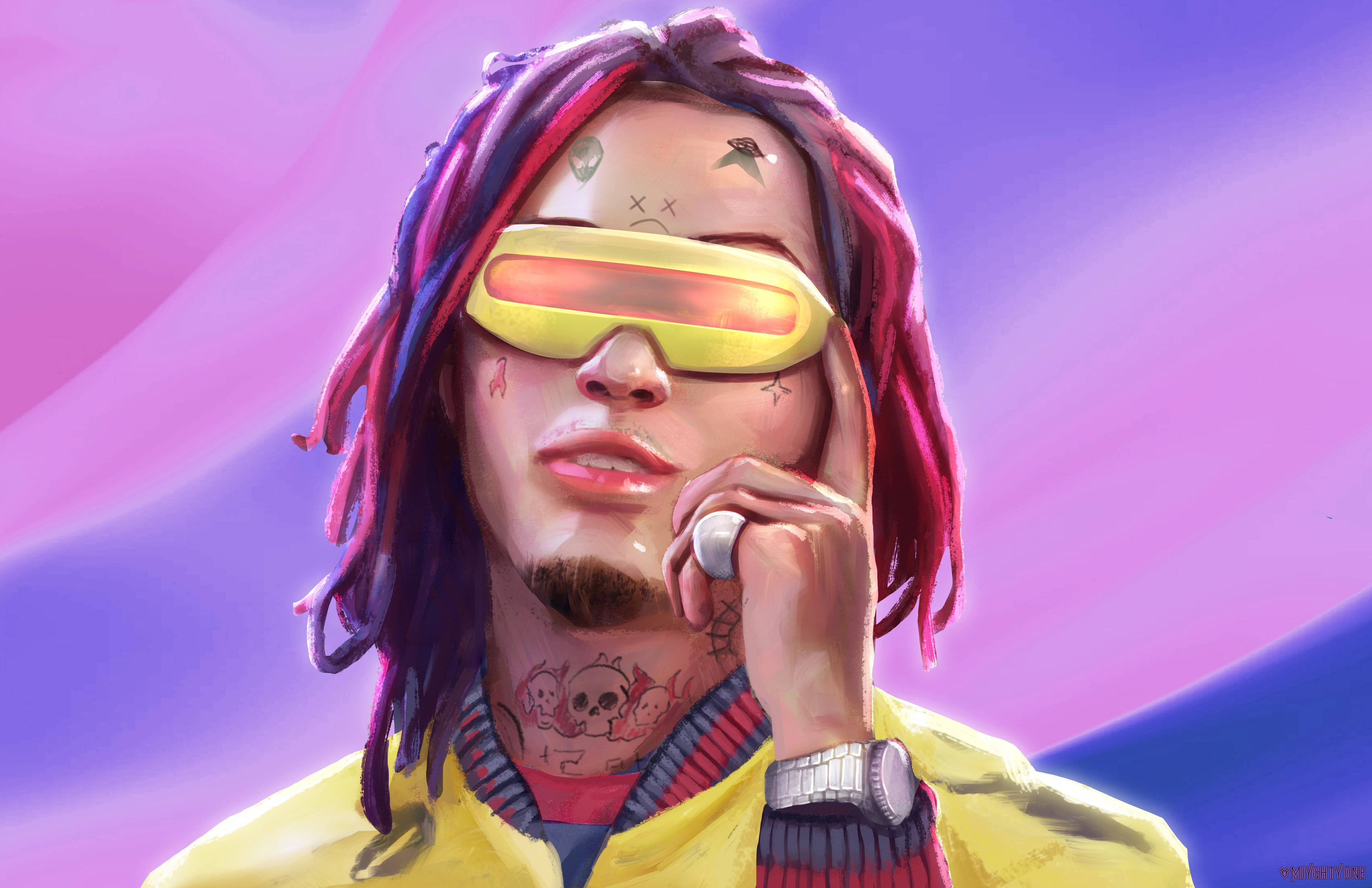 Lil Uzi Desktop 桌布 壁紙 — 一個風格化的數位肖像，描繪一名擁有彩色辮子和黃色護目鏡的男子，背景是充滿活力的紫色和粉紅色漸層。