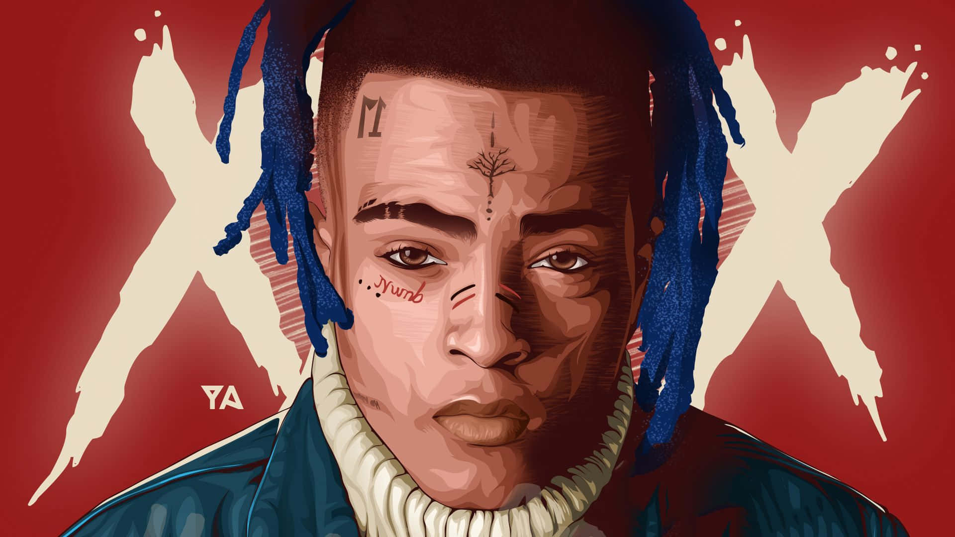 XXXTENTACION 桌布 壁紙 — 一個風格化的數位肖像，描繪一名擁有藍色辮子頭和面部刺青的男子，背景為大膽的紅色，帶有奶油色的「X」形狀。