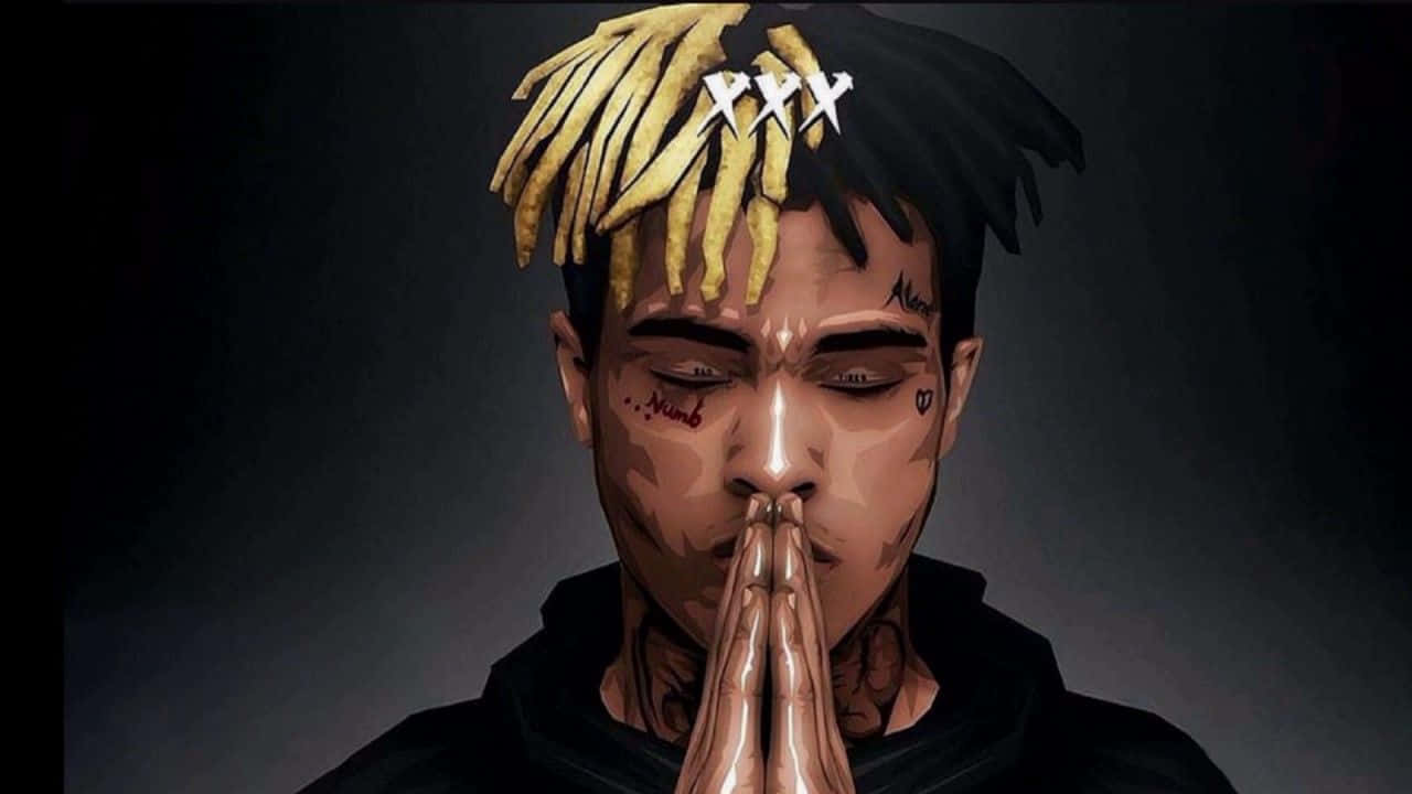 XXXTENTACION 桌布 壁紙 — 一個風格化的數位肖像，描繪一名擁有金色辮子頭和刺青的男子，在深色漸層背景前合十祈禱。
