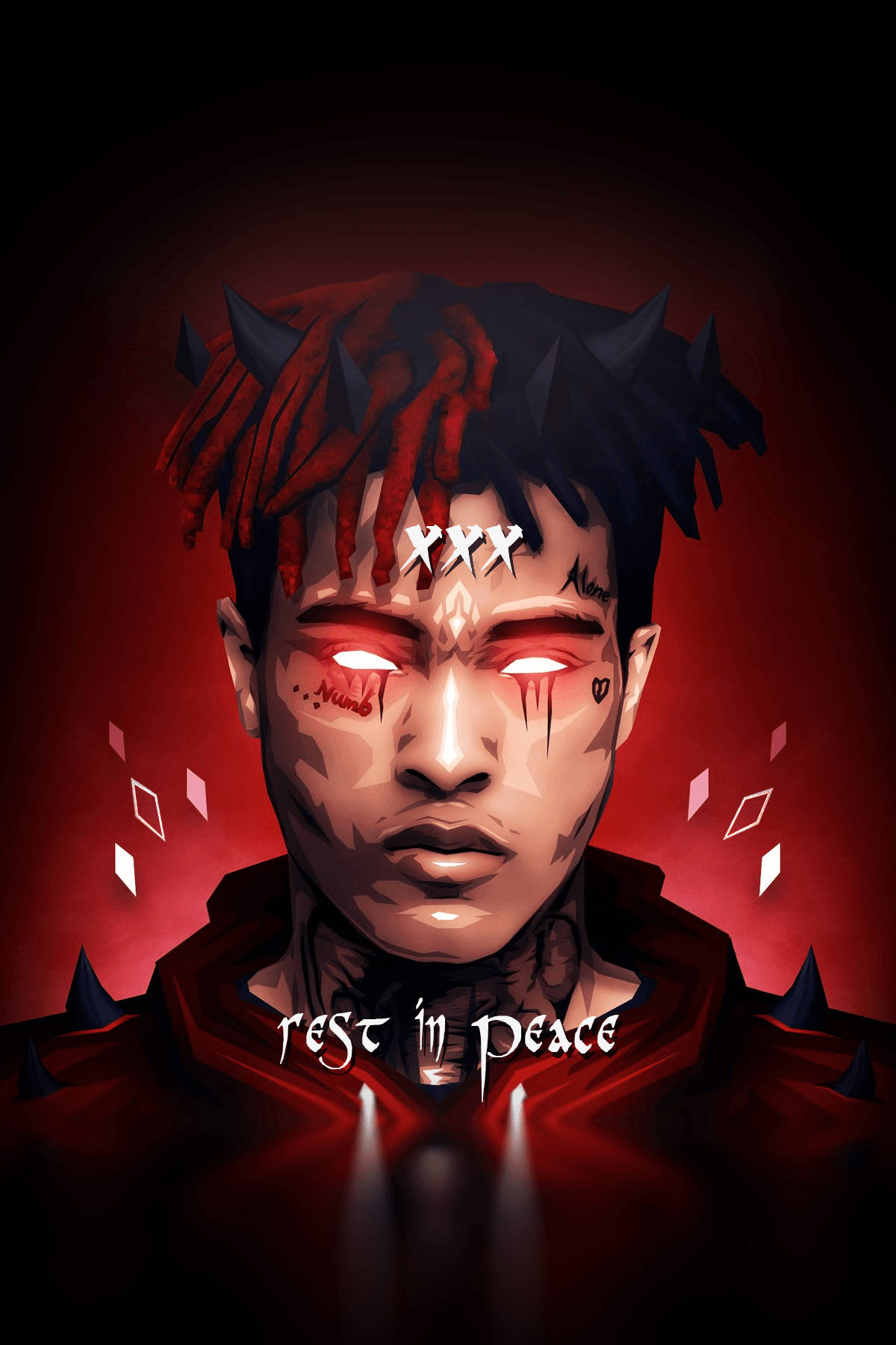 酷酷的xxxtentacion 桌布 壁紙 — 一個風格化的數位肖像，描繪一名擁有發光紅眼和紅色辮子的男子，背景為深紅色，帶有 'rest in peace' 文字。