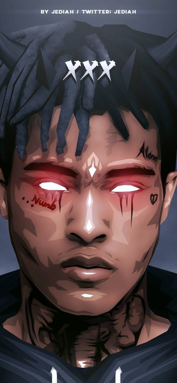 XXXTENTACION 桌布 壁紙 — 一個風格化的數位肖像，描繪一名擁有發光紅眼、刺青和深色辮子的男子，背景柔和。