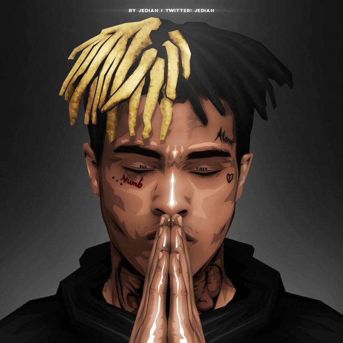 xxxtentacion 動畫 桌布 壁紙 — 一個風格化的數位肖像，描繪一名擁有金色辮子頭和刺青的男子，在深灰色背景前雙手合十祈禱。