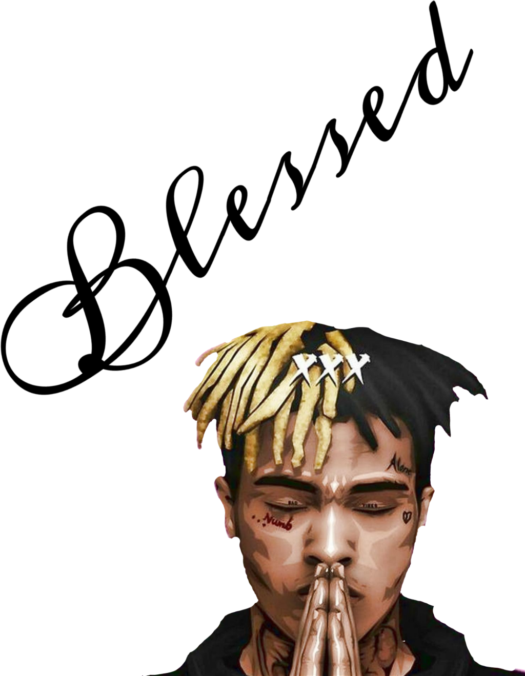 Juice WRLD 桌布 壁紙 — 一個風格化的數位肖像，描繪一名擁有金色和黑色辮子及刺青的男子，在黑色背景前雙手合十靠近嘴邊。