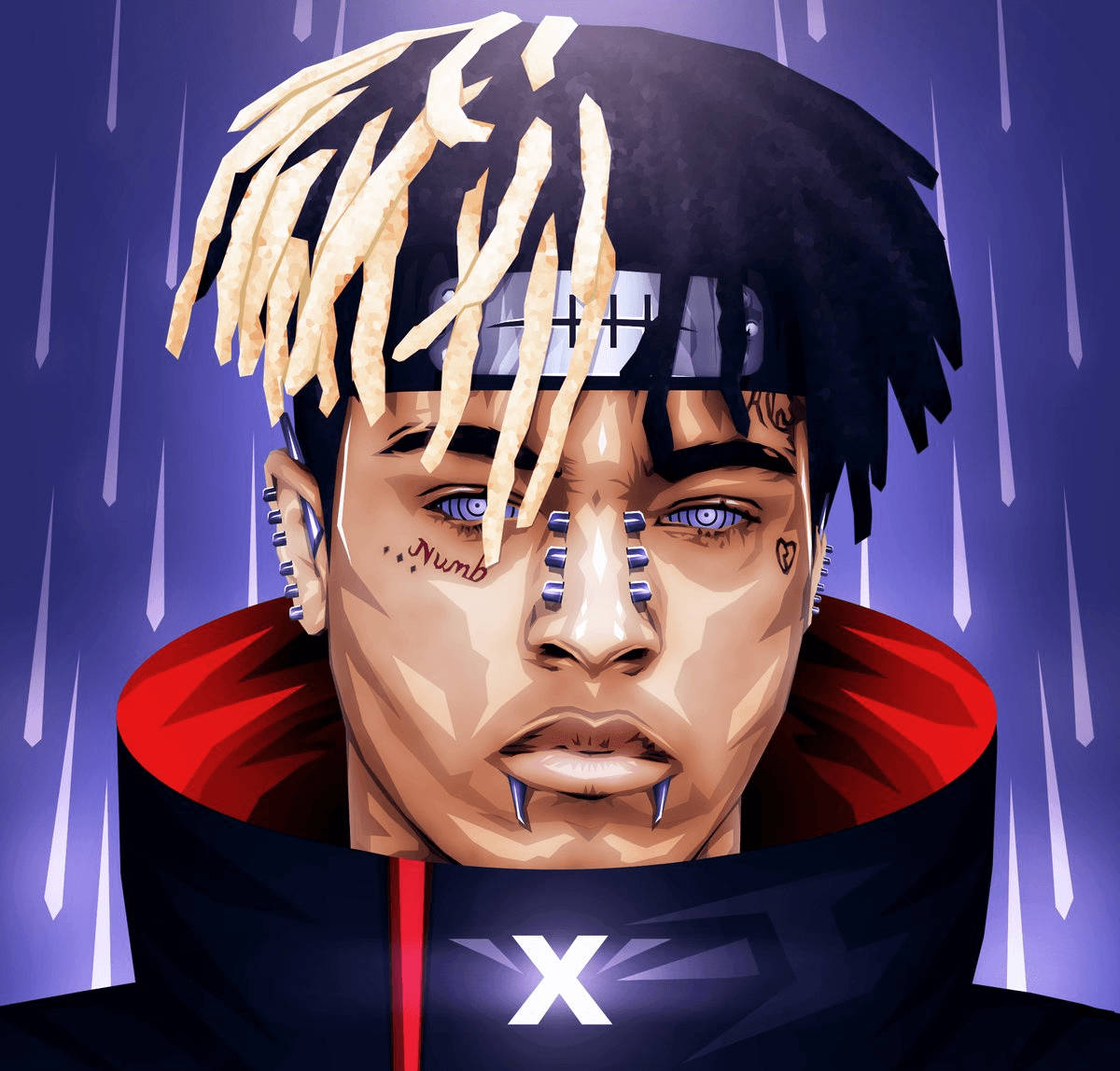 酷酷的xxxtentacion 桌布 壁紙 — 一個風格化的數位肖像，描繪一名擁有金色辮子頭和穿環的男子，背景是紫色的雨天。