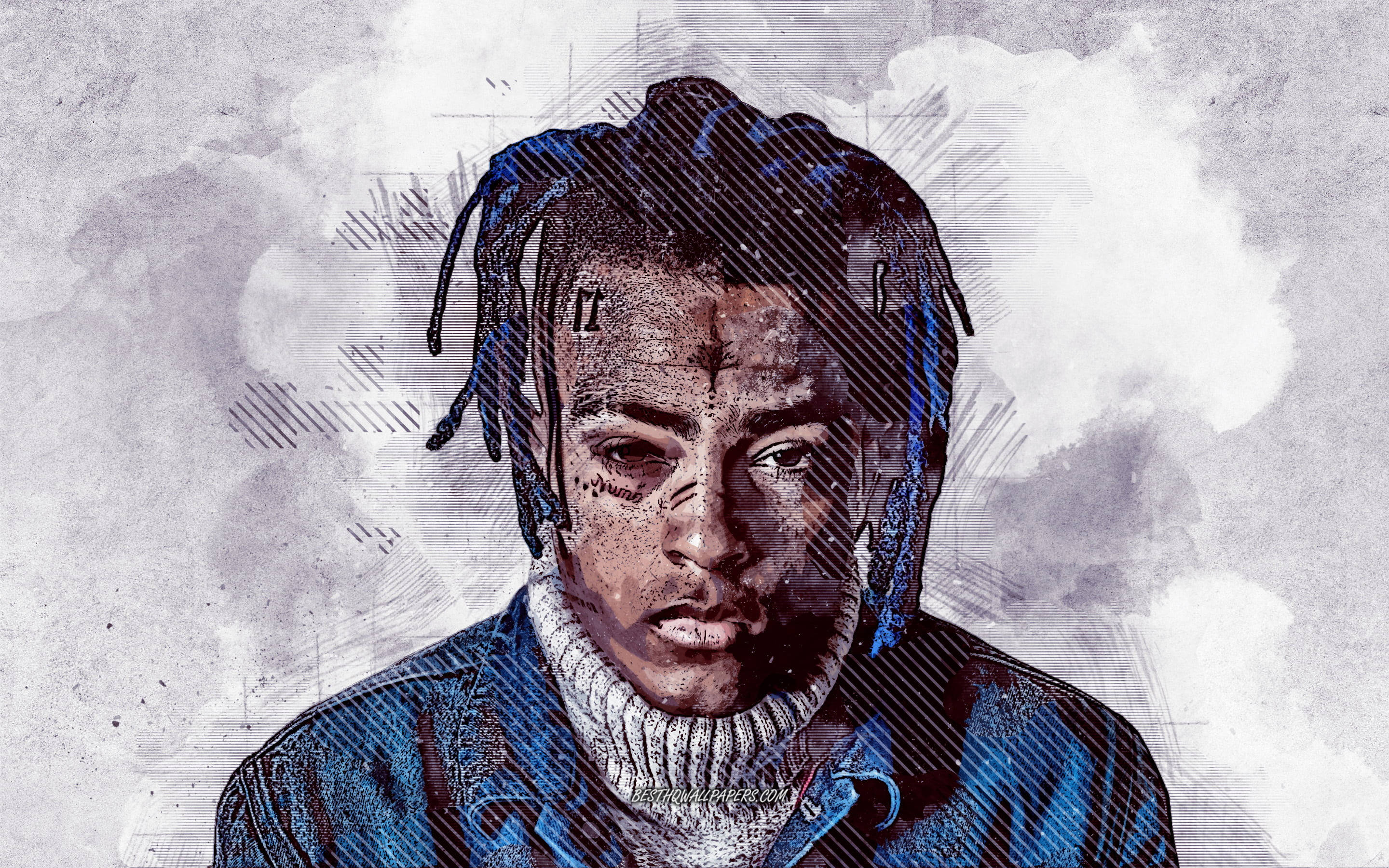 xxxtentacion 電腦 桌布 壁紙 — 一個風格化的數位肖像，描繪一名擁有藍色辮子頭和刺青的男子，背景為雲狀紋理。