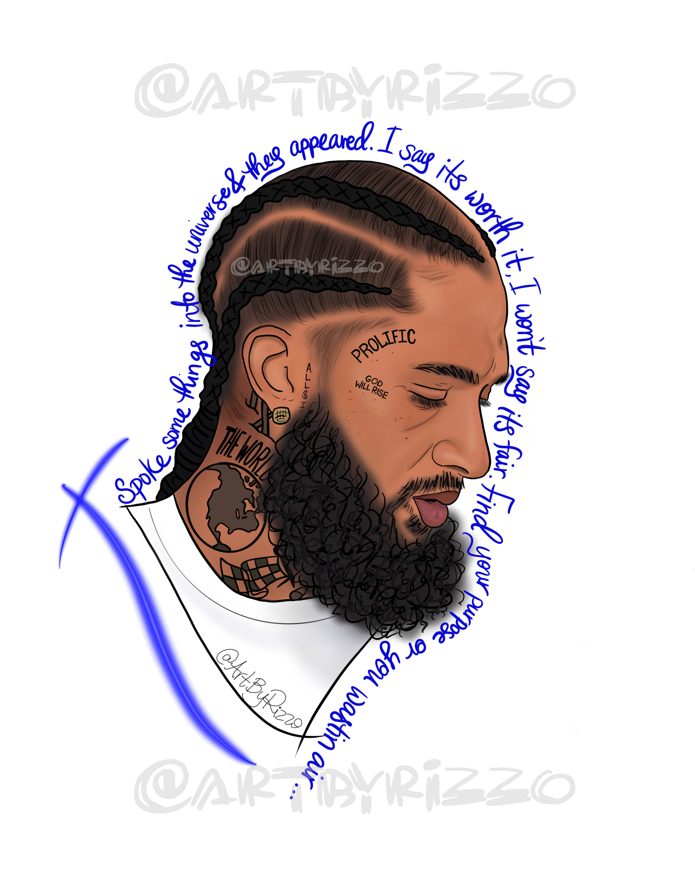 Nipsey Hussle 桌布 壁紙 — 一個風格化的數位肖像，描繪一名有辮子頭髮和鬍鬚、刺青，以及一句在他頭部周圍旋轉的名言的男人。