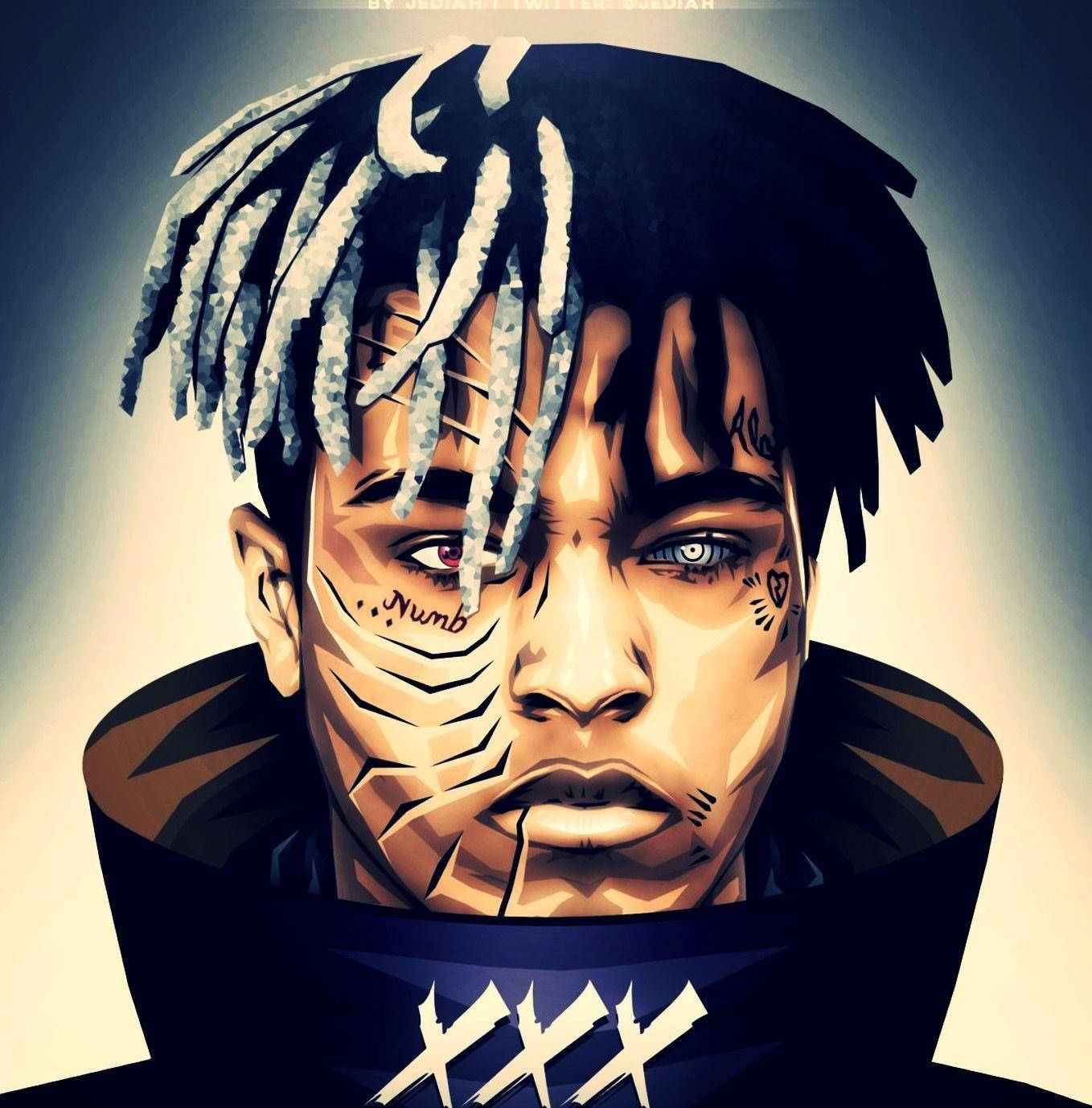 Xxxtentacion Cartoon 桌布 壁紙 — 一個風格化的數位肖像，描繪一名有辮子頭和面部刺青的男子，在戲劇性燈光下。