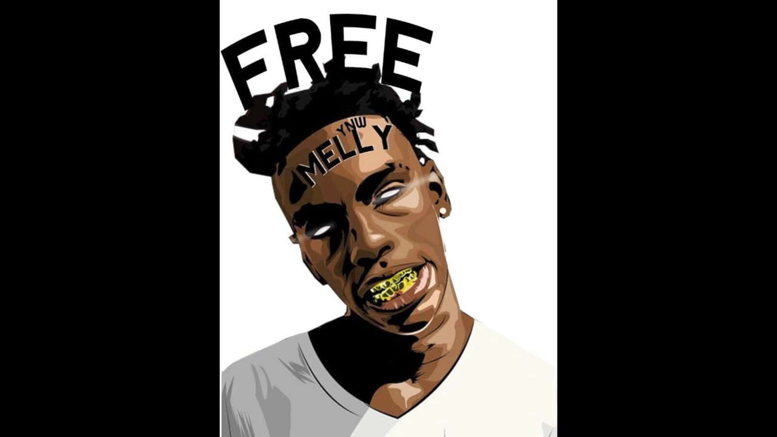 Ynw Melly Cartoon 桌布 壁紙 — 一個風格化的數位肖像，描繪一名男子，頭頂有「FREE」和「MELLY」文字，並佩戴金色牙套。