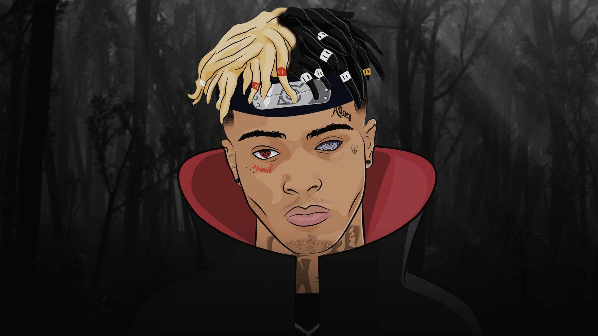 xxxtentacion 動畫 桌布 壁紙 — 一個風格化的數位肖像，描繪一名男子，擁有雙色頭髮和頭帶，背景是黑暗的森林。