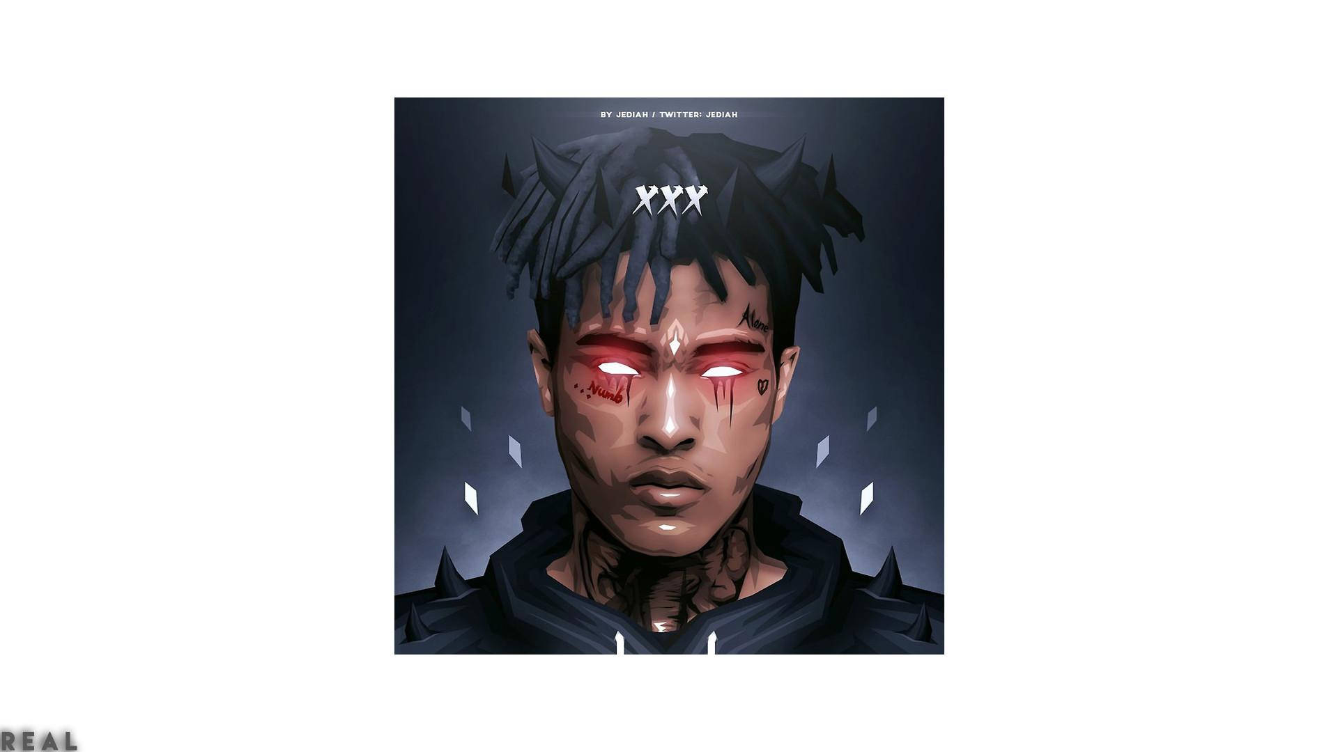 Xxxtentacion Cartoon 桌布 壁紙 — 一個風格化的數位肖像，描繪一名男子，擁有發光的紅色眼睛和深色尖刺頭髮，背景為陰鬱的灰色。