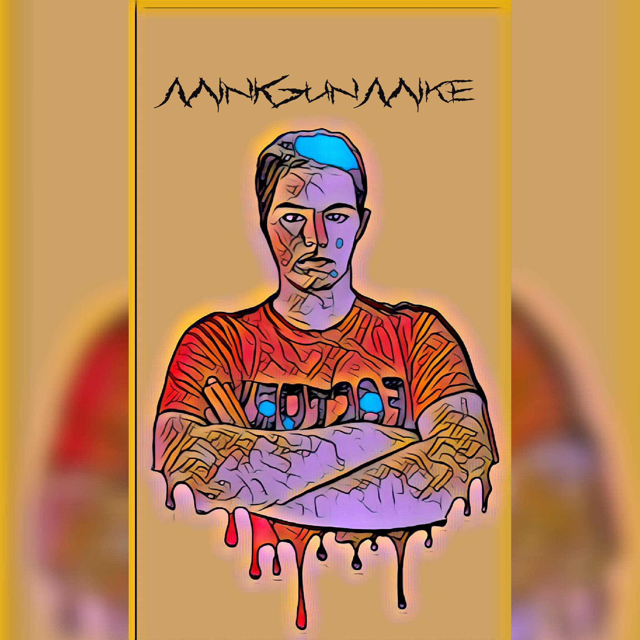 滴落感 桌布 壁紙 — 一個風格化的數位肖像，描繪一名男子交叉雙臂，帶有滴漆效果，背景為溫暖的黃色。