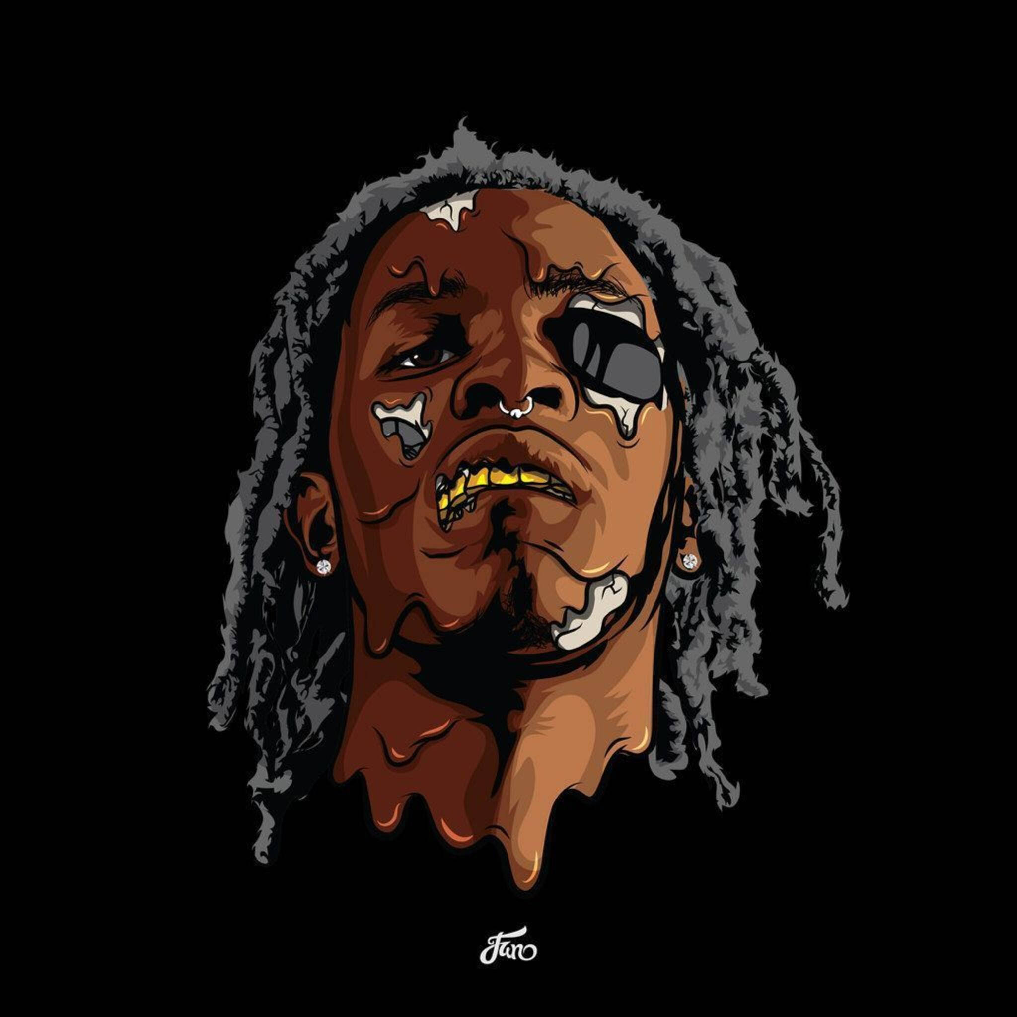 Thug 桌布 壁紙 — 一個風格化的數位肖像，描繪一名男子具有融化特徵和辮子，背景為黑色。