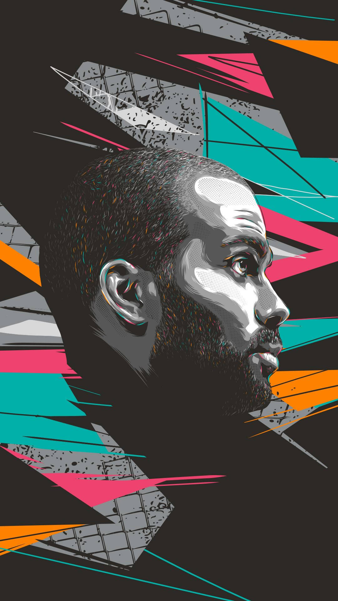 Tony Parker 桌布 壁紙 — 一個風格化的數位肖像，描繪一名男子的側面，被鮮豔的幾何色彩碎片環繞，背景為深色。