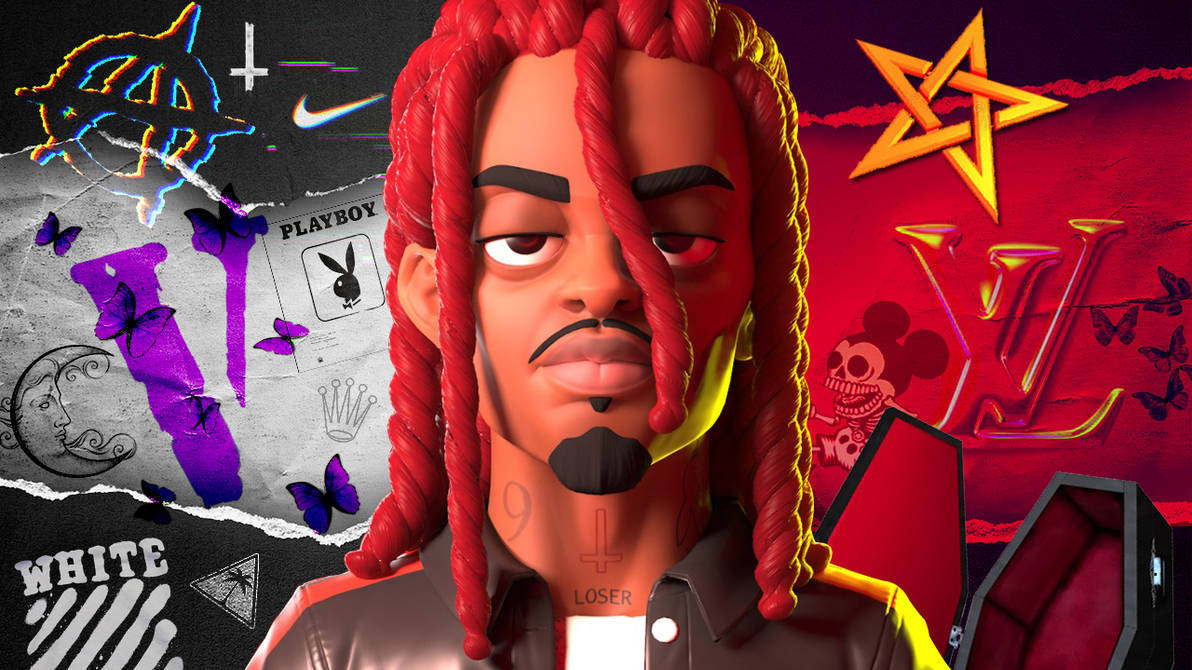 Carti 桌布 壁紙 — 一個風格化的數位肖像，描繪一名留有紅色辮子的男子，周圍環繞著奢華品牌標誌和塗鴉元素。