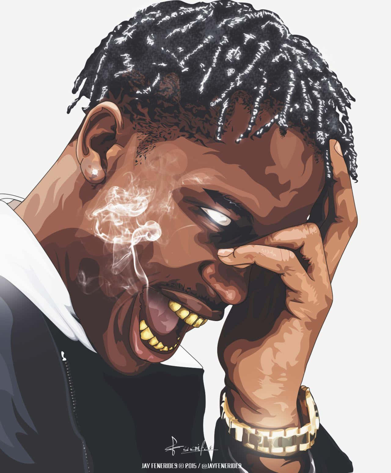 Travis Scott Cartoon 桌布 壁紙 — 一個風格化的數位肖像，描繪一名留著辮子的男人大笑，同時煙霧從他嘴裡繚繞升起。