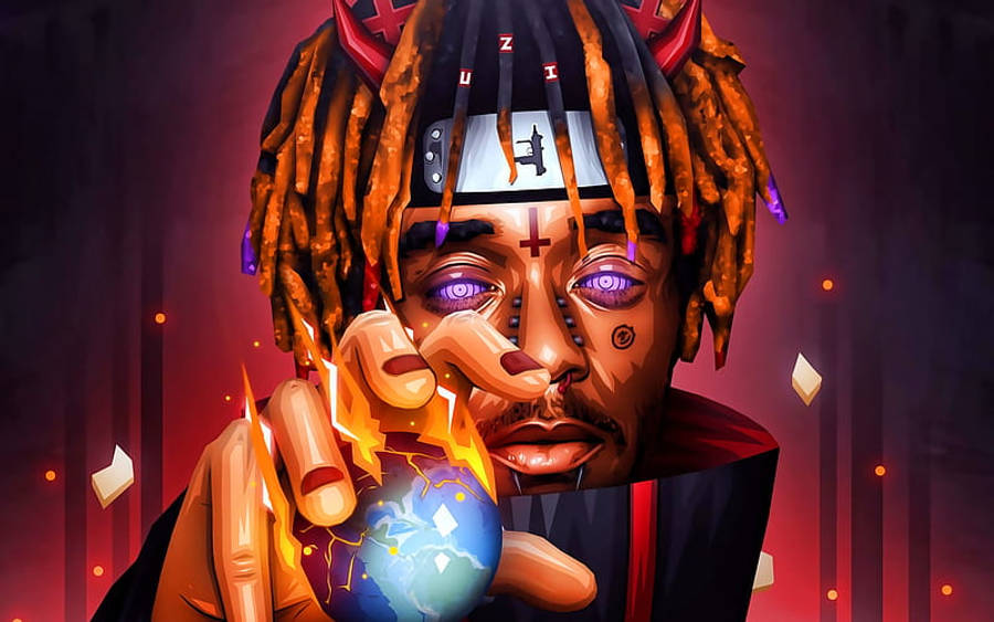 酷酷的xxxtentacion 桌布 壁紙 — 一個風格化的數位肖像，描繪一名留著辮子、眼睛發光的男子，在深紅色背景前手持一個燃燒的地球。