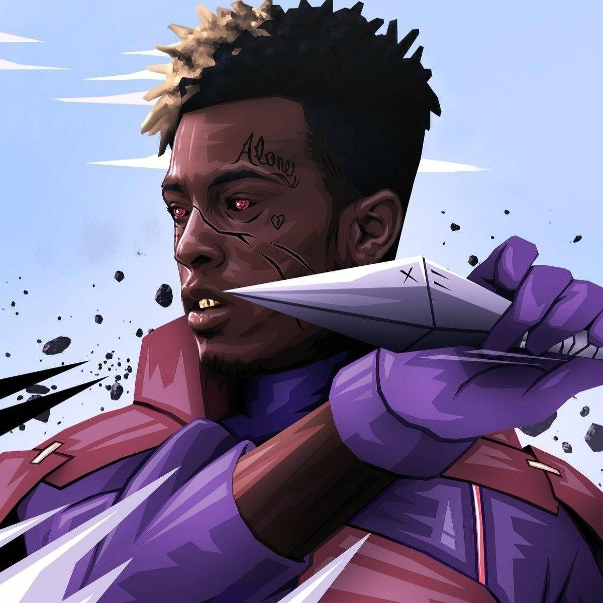 Xxxtentacion Cartoon 桌布 壁紙 — 一個風格化的數位肖像，描繪一名紅眼紋身男子手持鋒利刀刃，背景是淺藍色天空和飛揚的碎片。