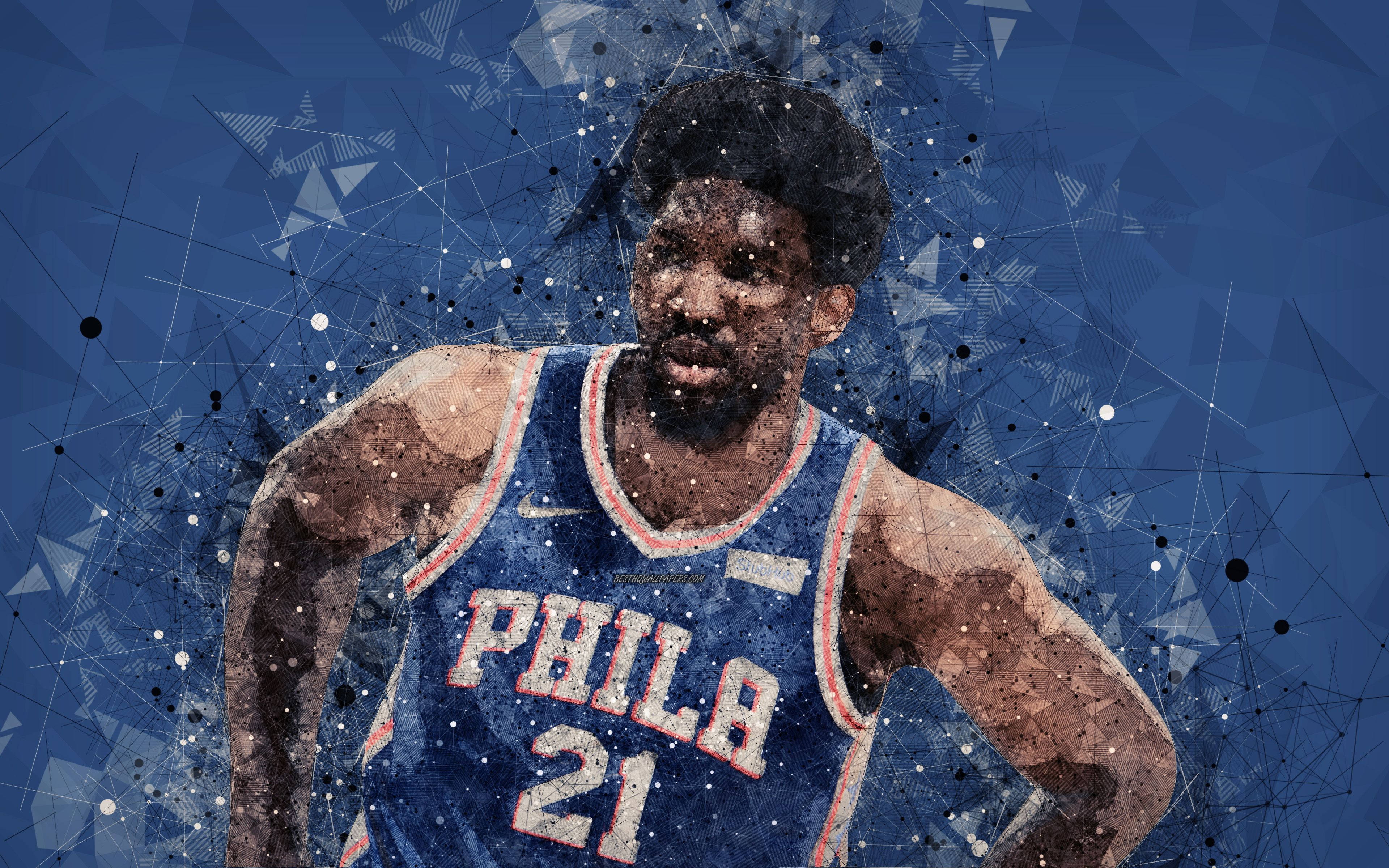 Embiid 桌布 壁紙 — 一個風格化的數位肖像，描繪一名身穿藍色「PHILA 21」球衣的籃球運動員，背景為幾何藍色圖案。